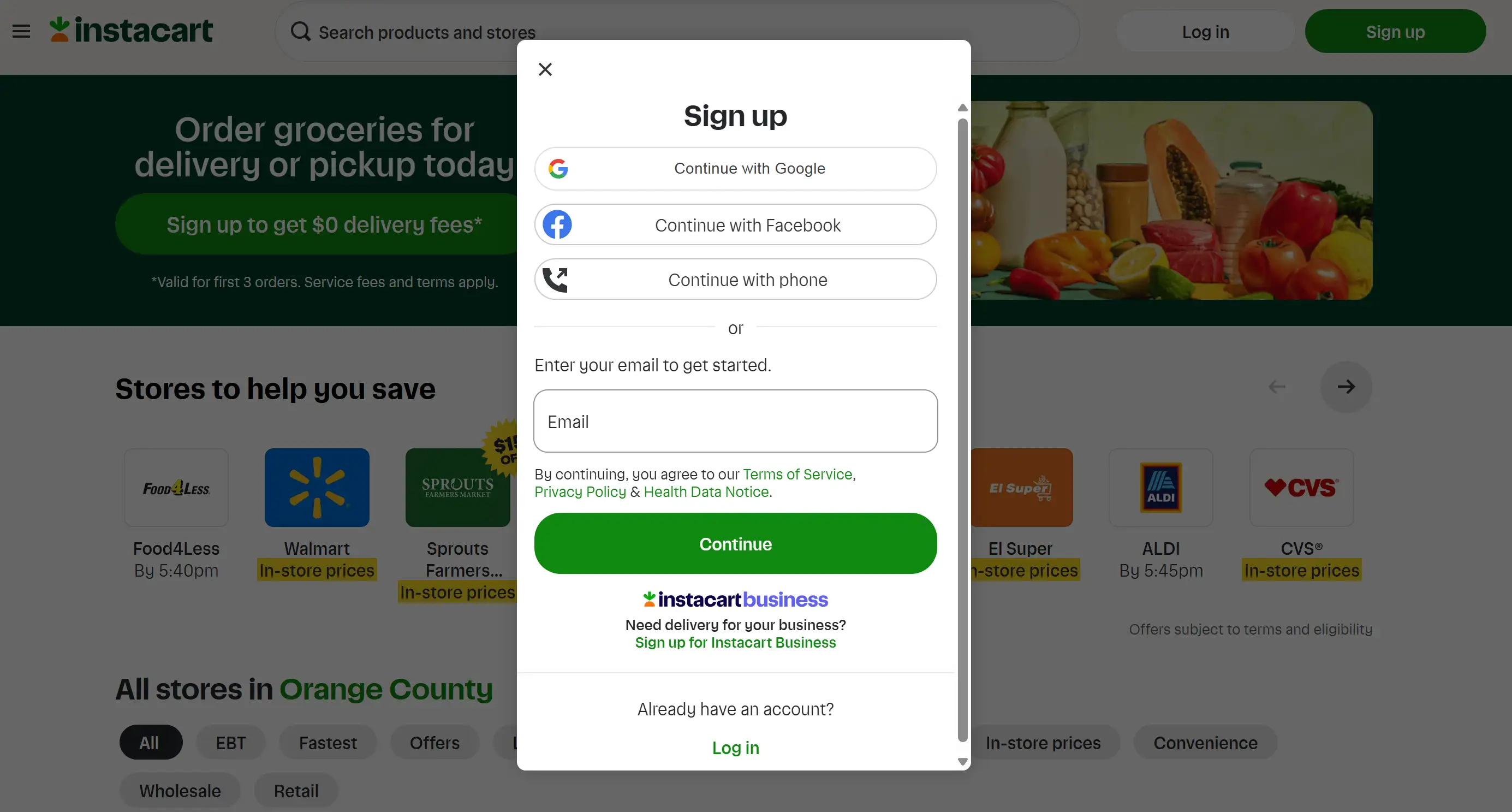Sign up pop-up on Instacart website