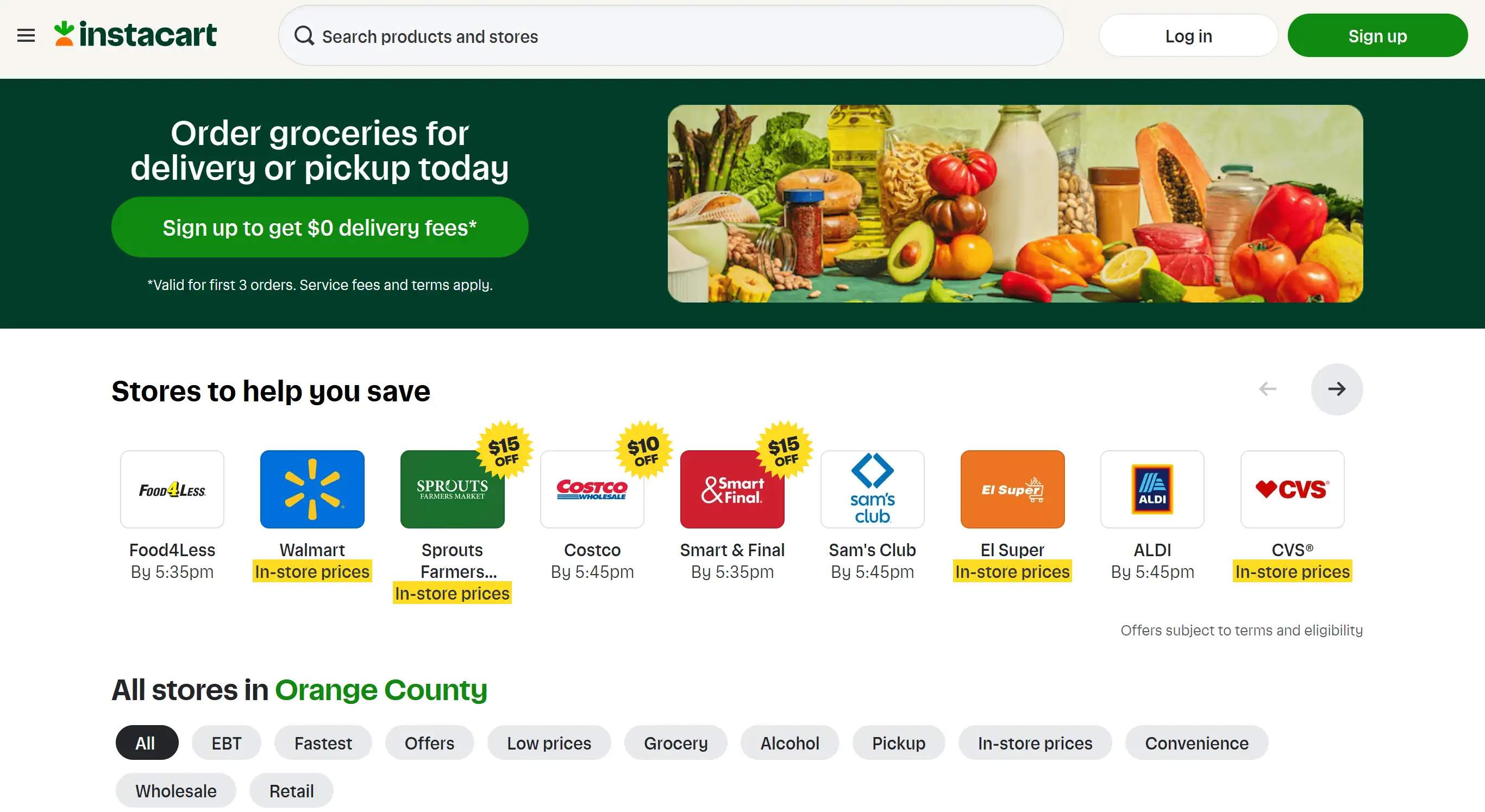 Homepage of Instacart