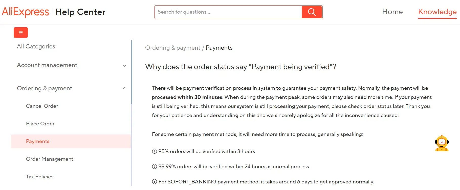 AliExpress's explanation for the payment verification process.