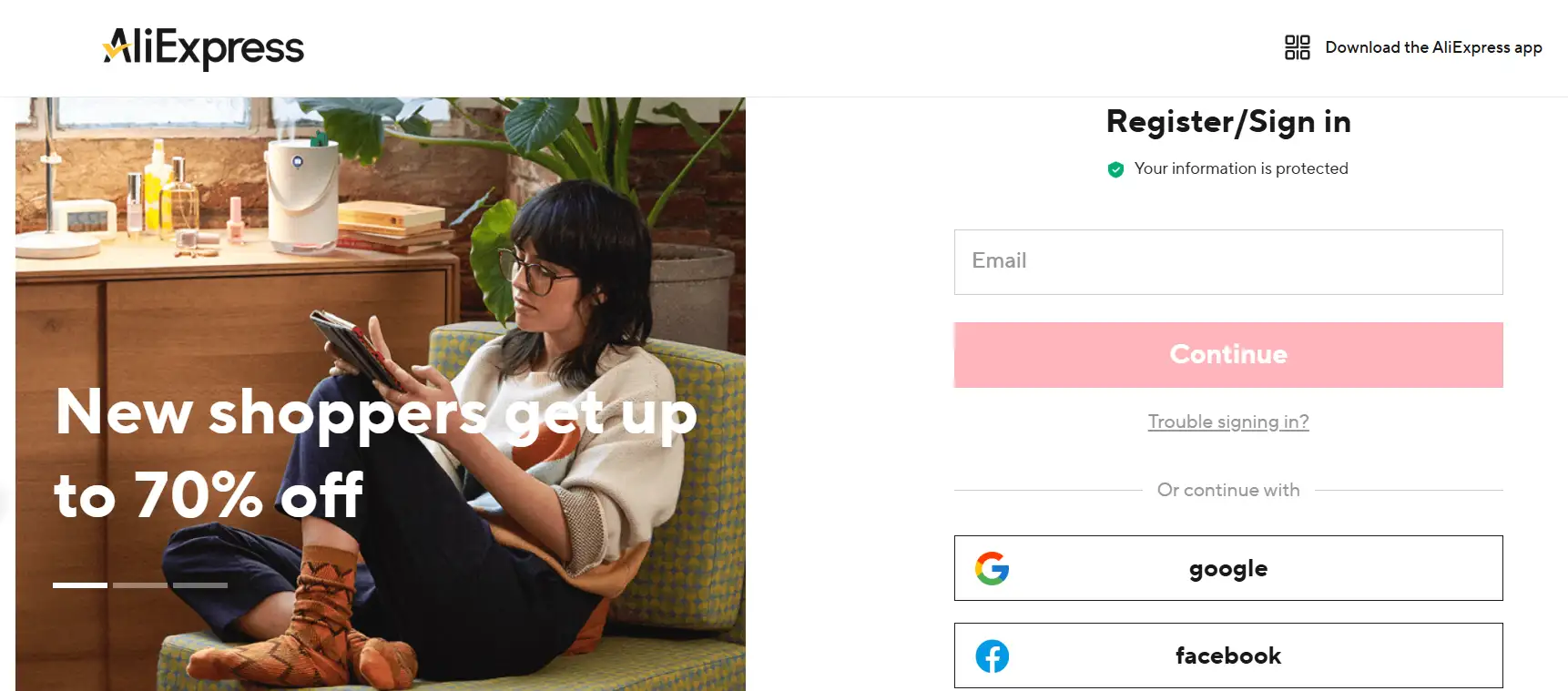 The sign-in web page of AliExpress
