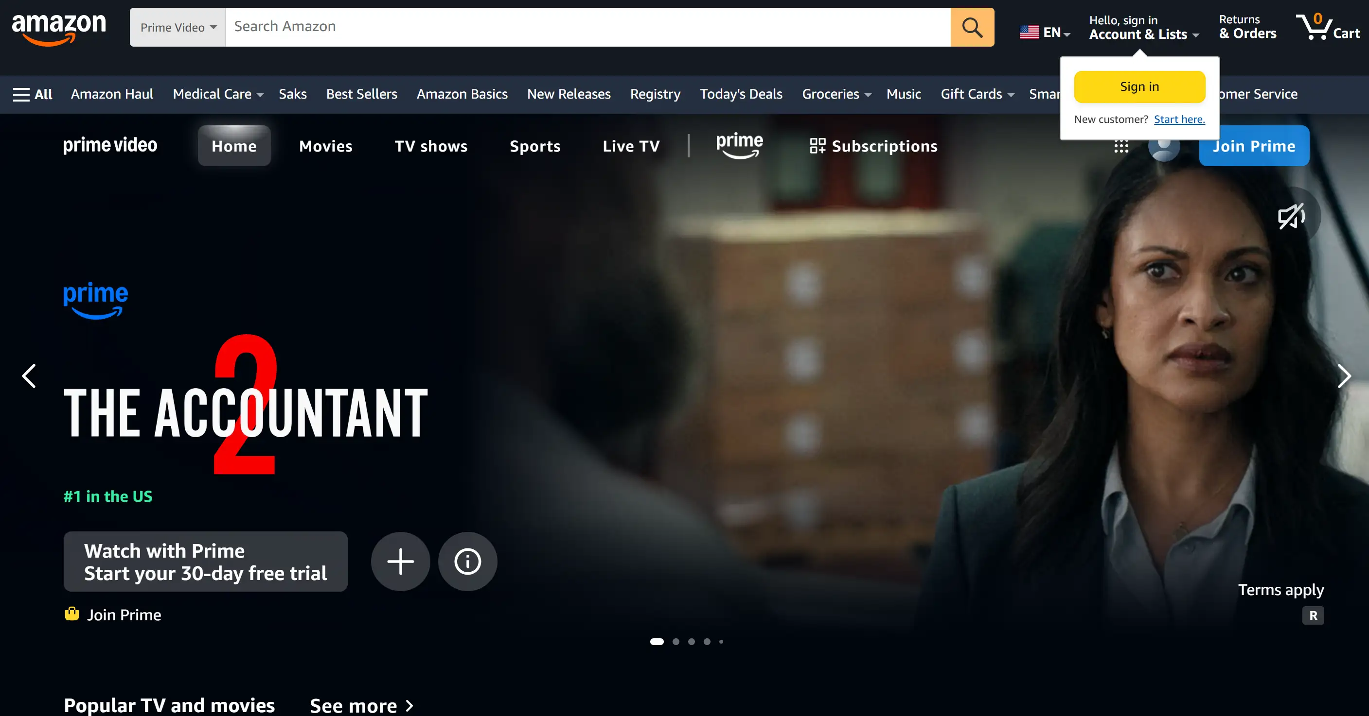 Homepage of Amazon Prime Video