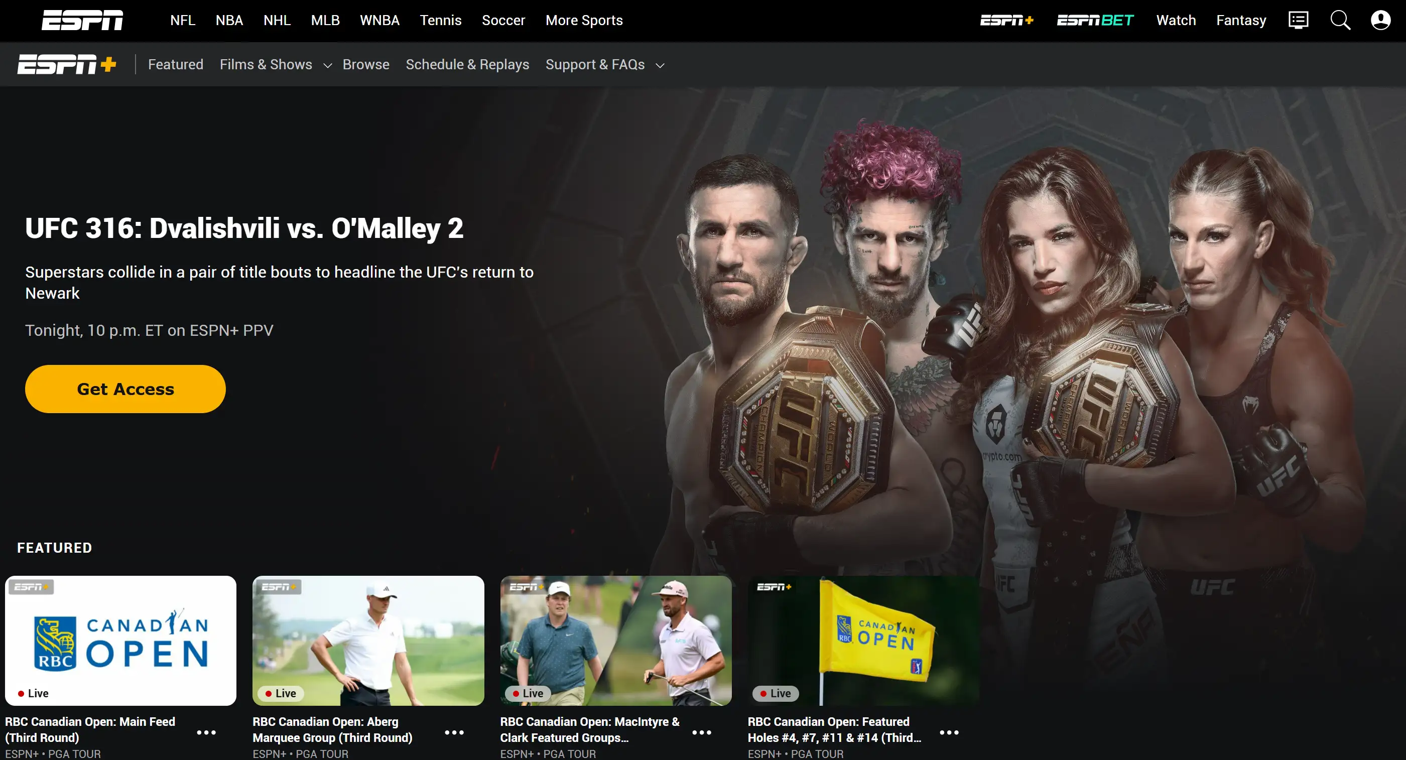 Homepage of ESPN+: a sports streaming site