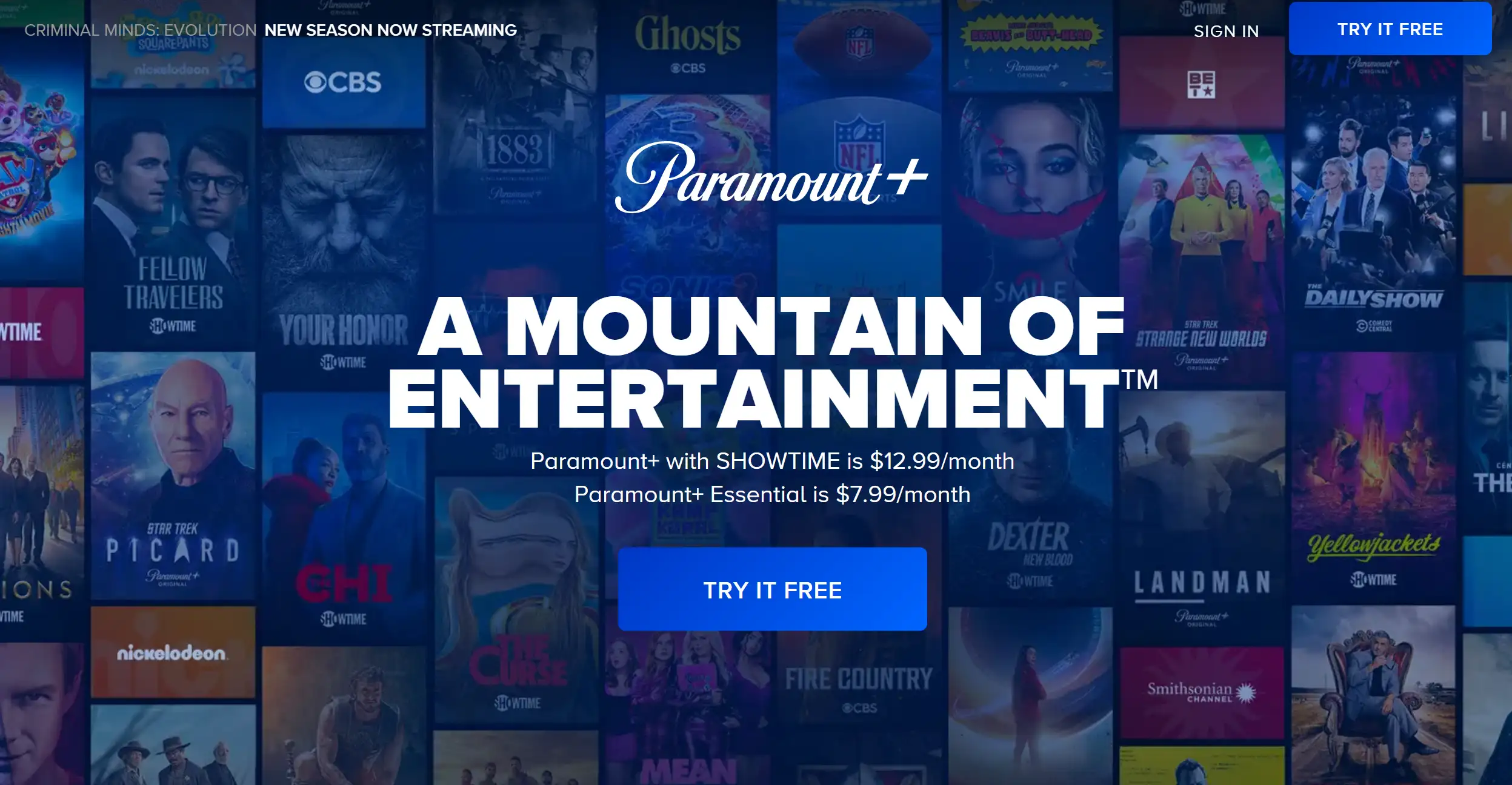 Homepage of Paramount+: a movie site