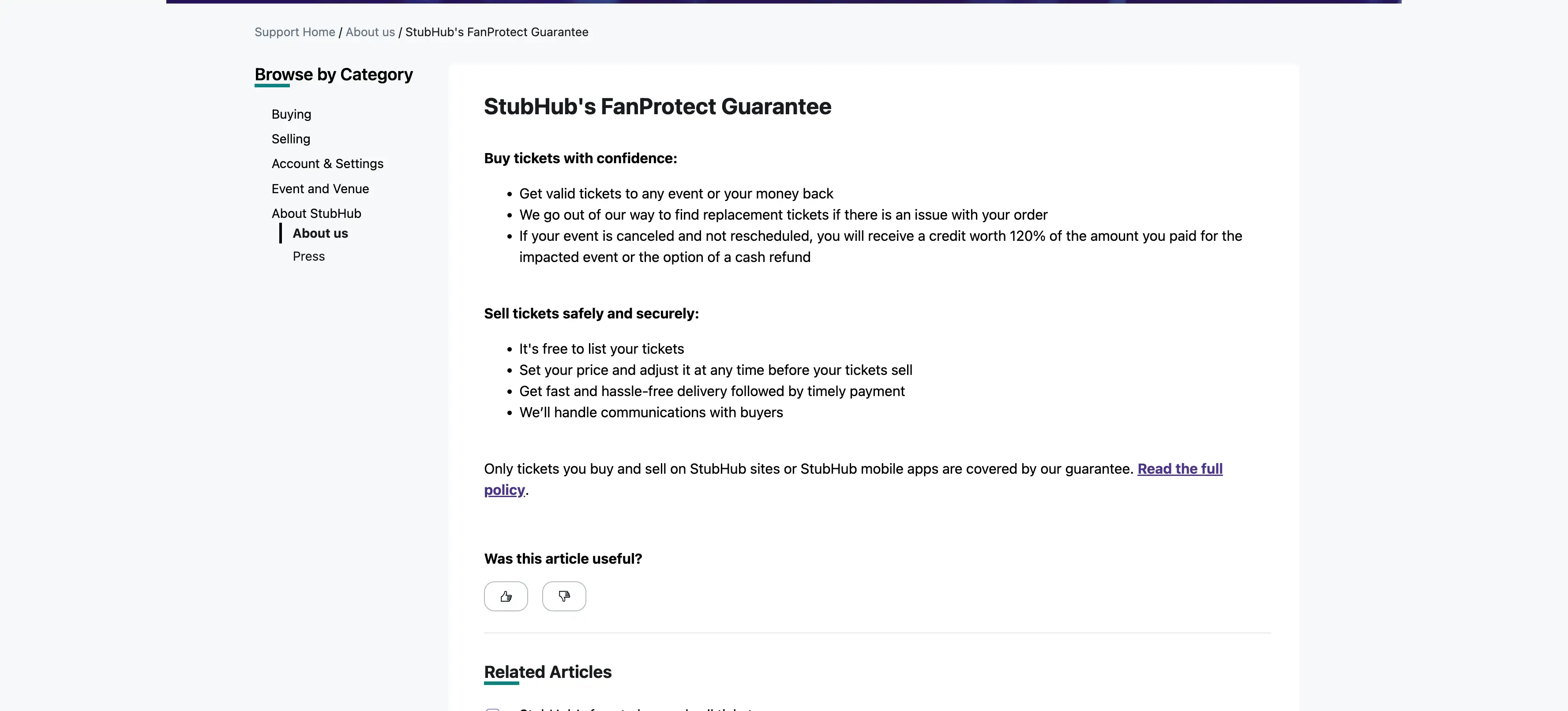 stubhub fanprotect guarantee rule
