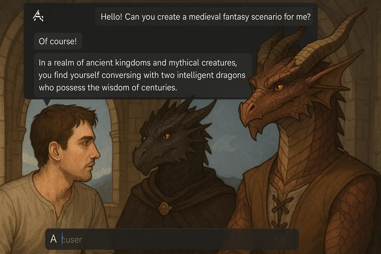 User chatting with AI dragon characters in Janitor AI fantasy scenario User chatting with AI dragon characters in Janitor AI fantasy scenario