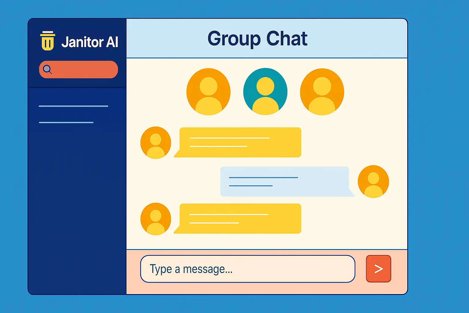 Wireframe illustrating future group chat feature in Janitor AI Wireframe illustrating future group chat feature in Janitor AI