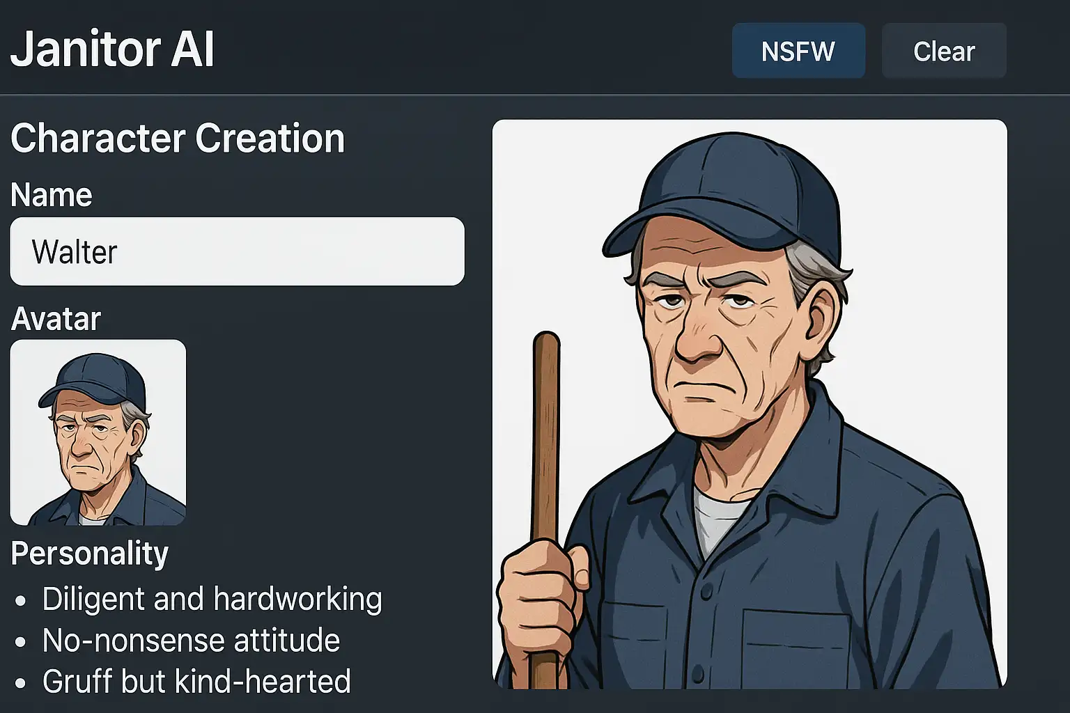 Janitor AI character creation screen with name, avatar, and personality traits Janitor AI character creation screen with name, avatar, and personality traits