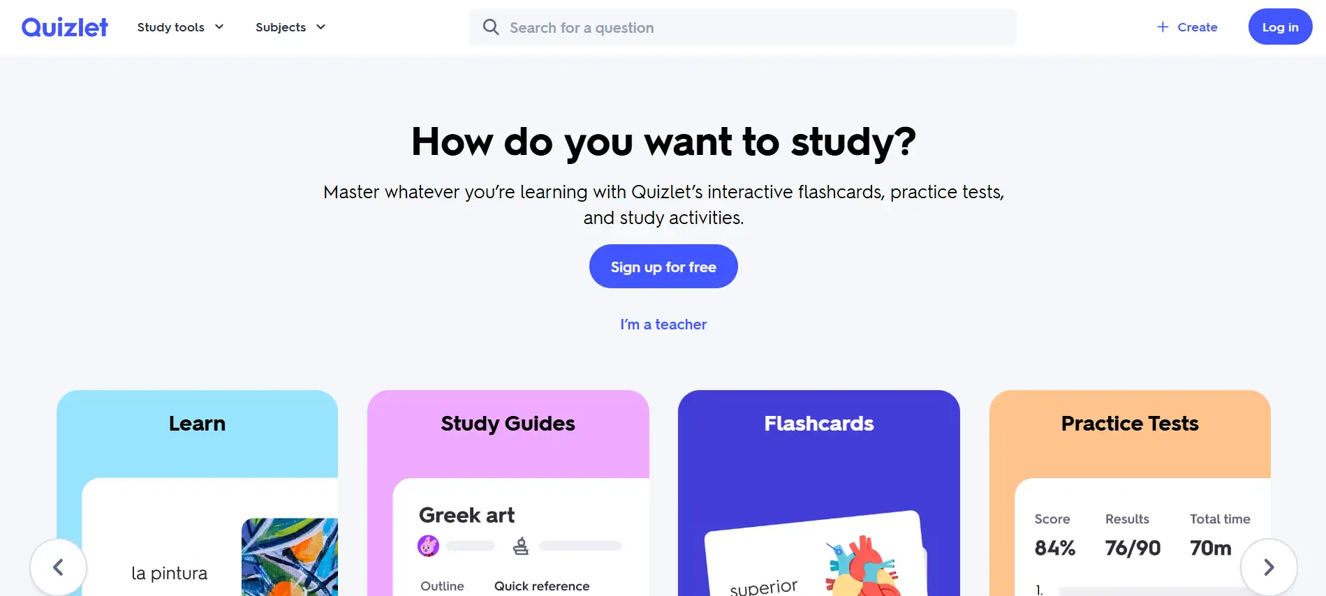 Hompage of Quizlet