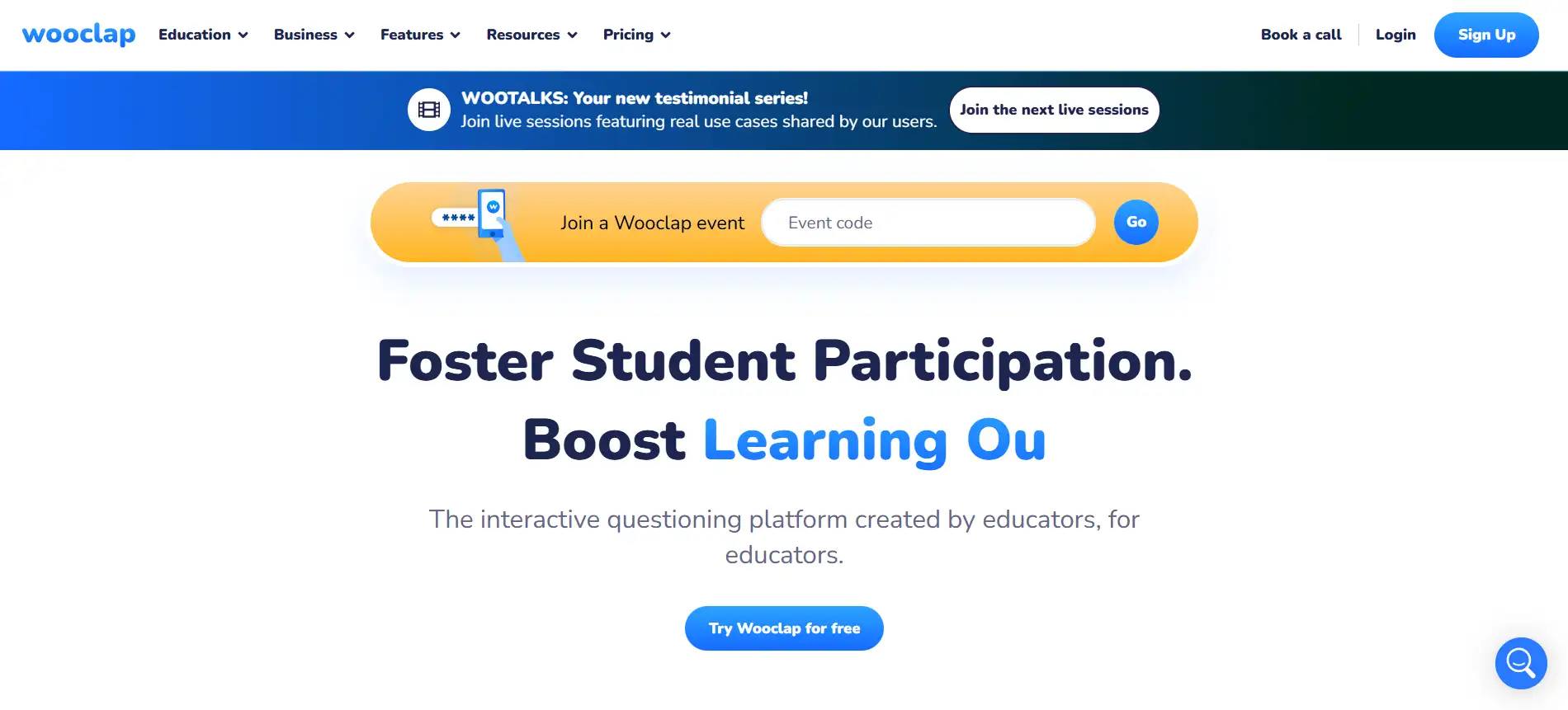 Homepage of Wooclap