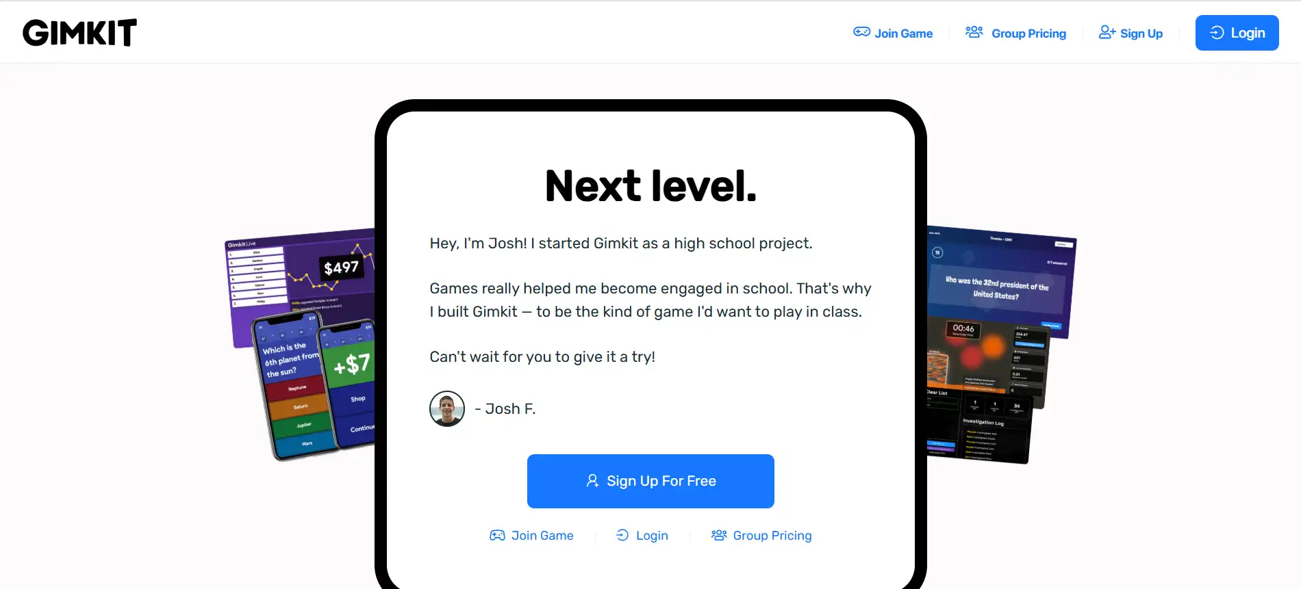 Homepage of Gimkit