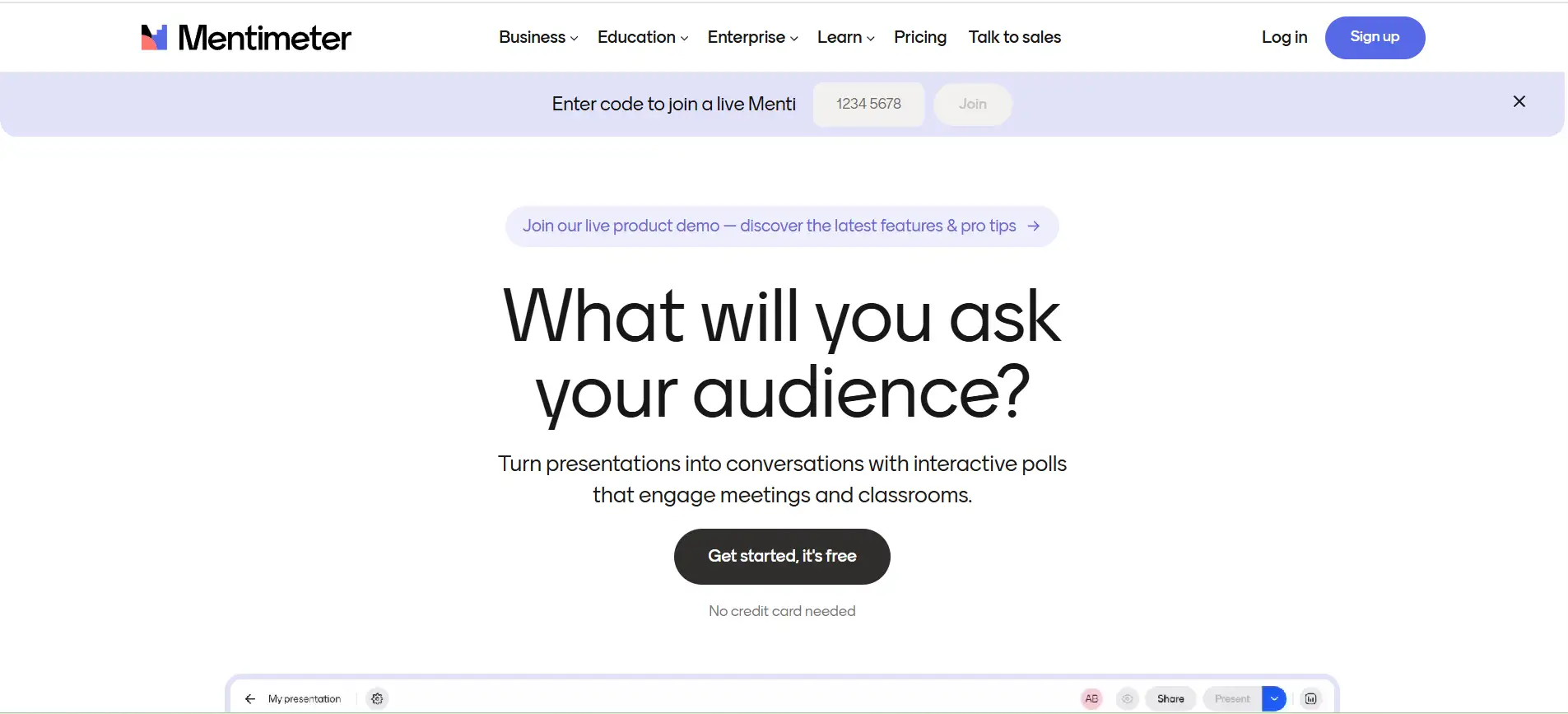 Homepage of Mentimeter