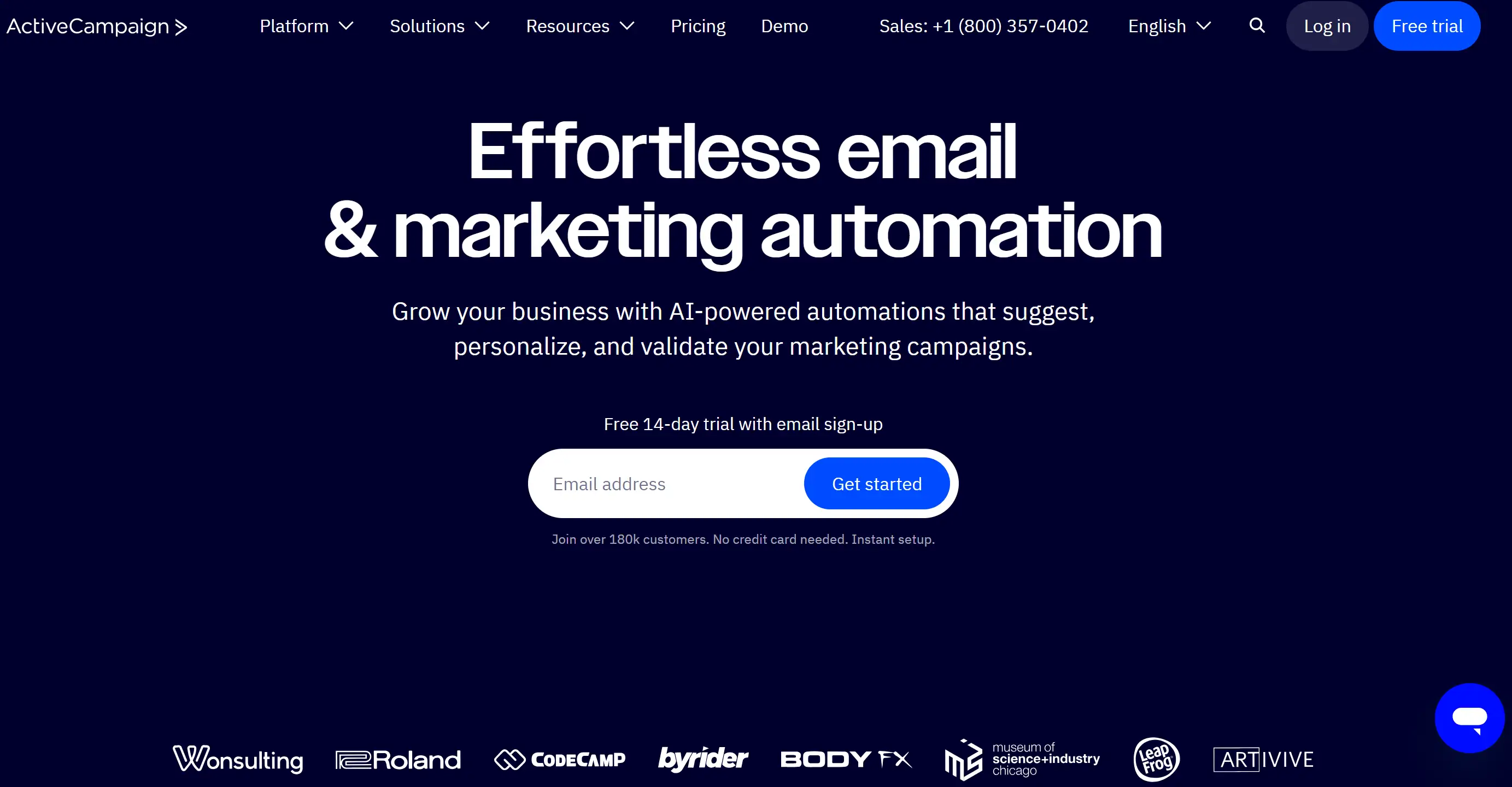 ActiveCampaign's landing page example