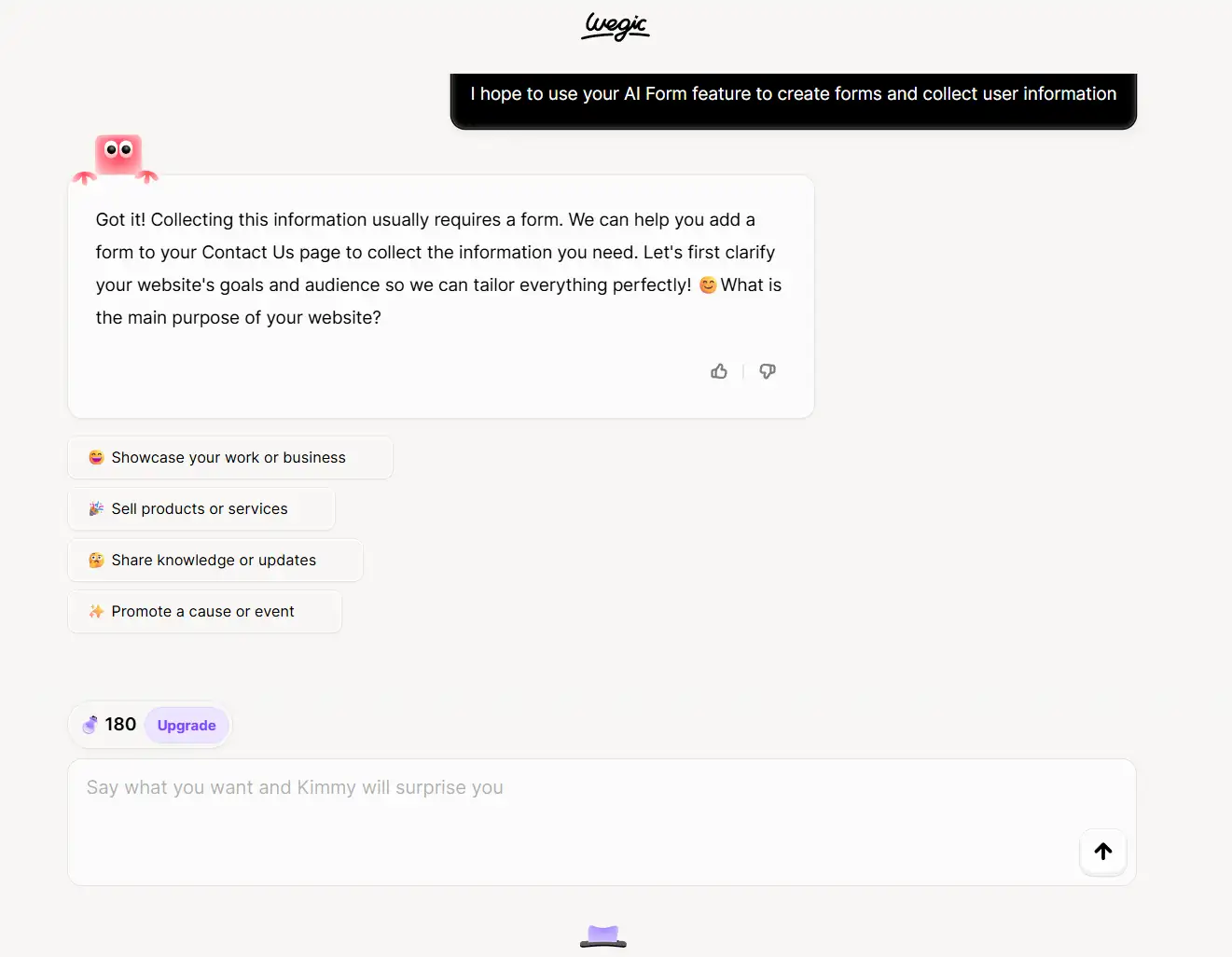 Enter your website requirements in Wegic