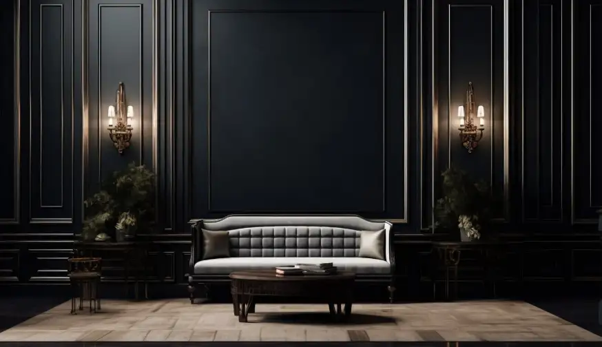 Interior design in neoclassical style with furnishings and decor