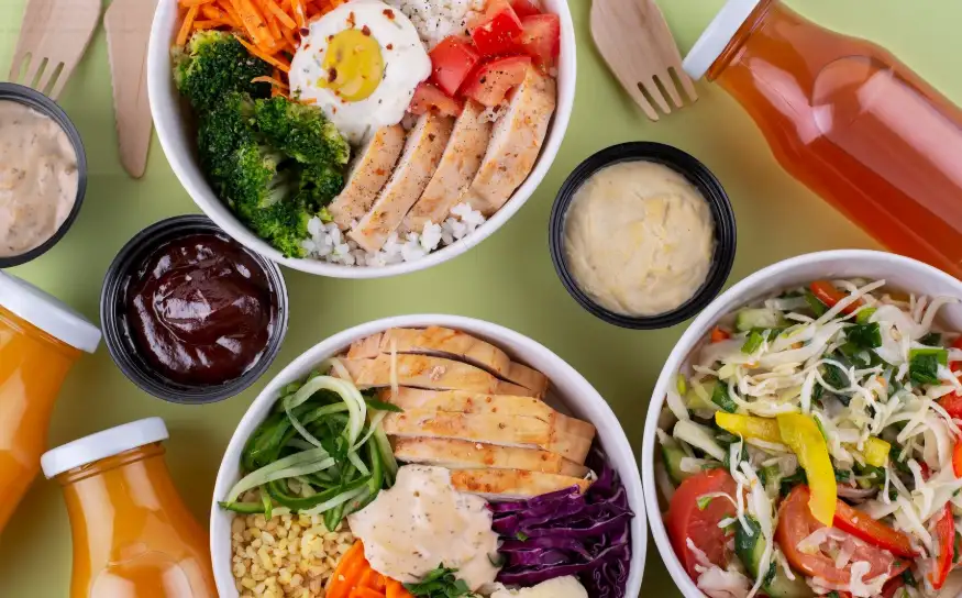 3 bowls of healthy food and juice