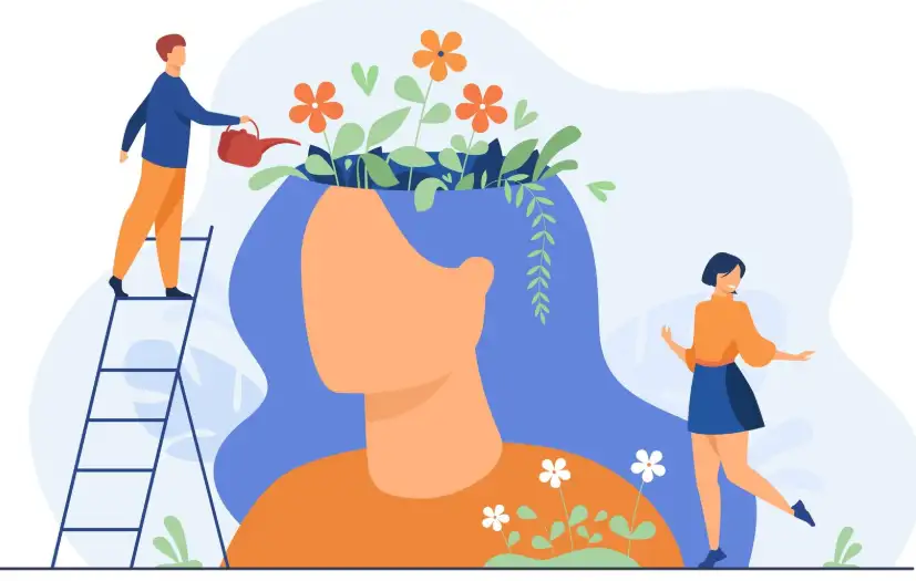 hand-draw tiny people and beautiful flower garden inside female head