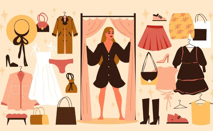 A hand-drawn young woman in the fitting room with a kit of clothes and accessories