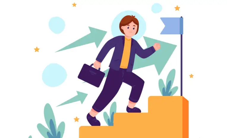 a hand-drawn character climbing a ladder to success