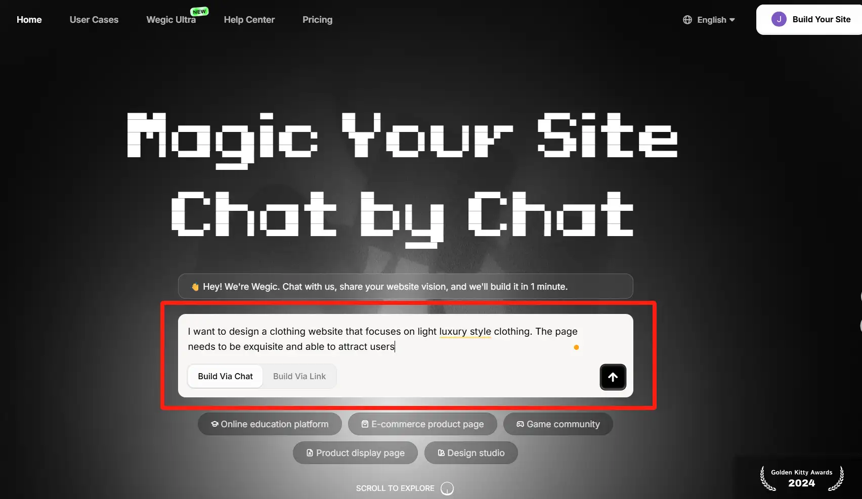 Enter your website design requirements in the Wegic dialog box