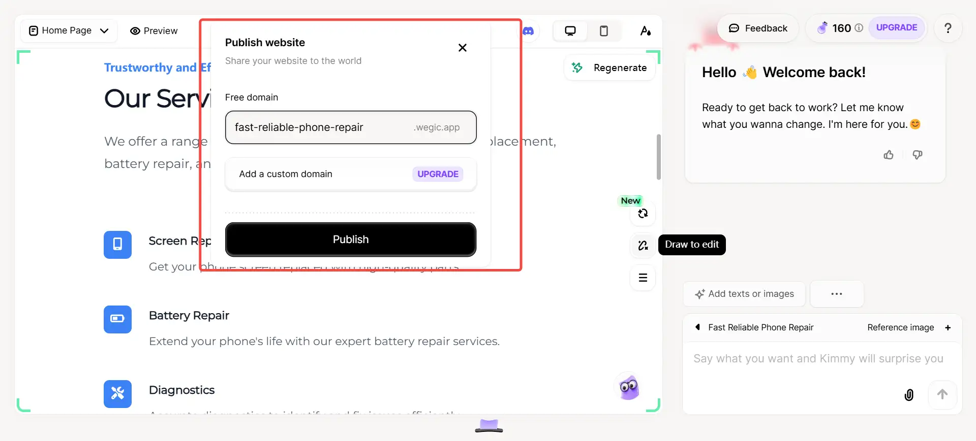 wegic web-building interface with publishing option