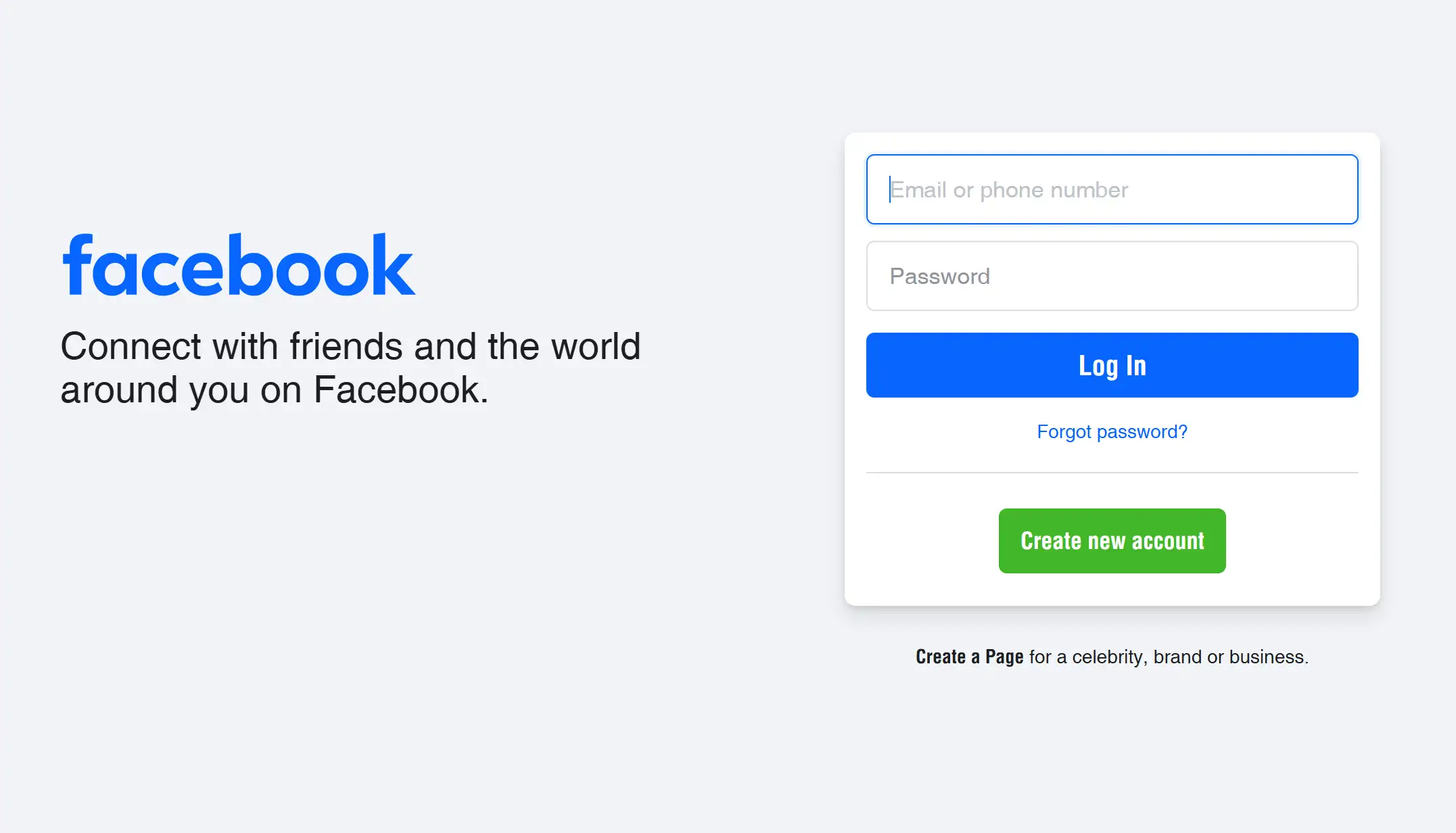 Login page of Facebook