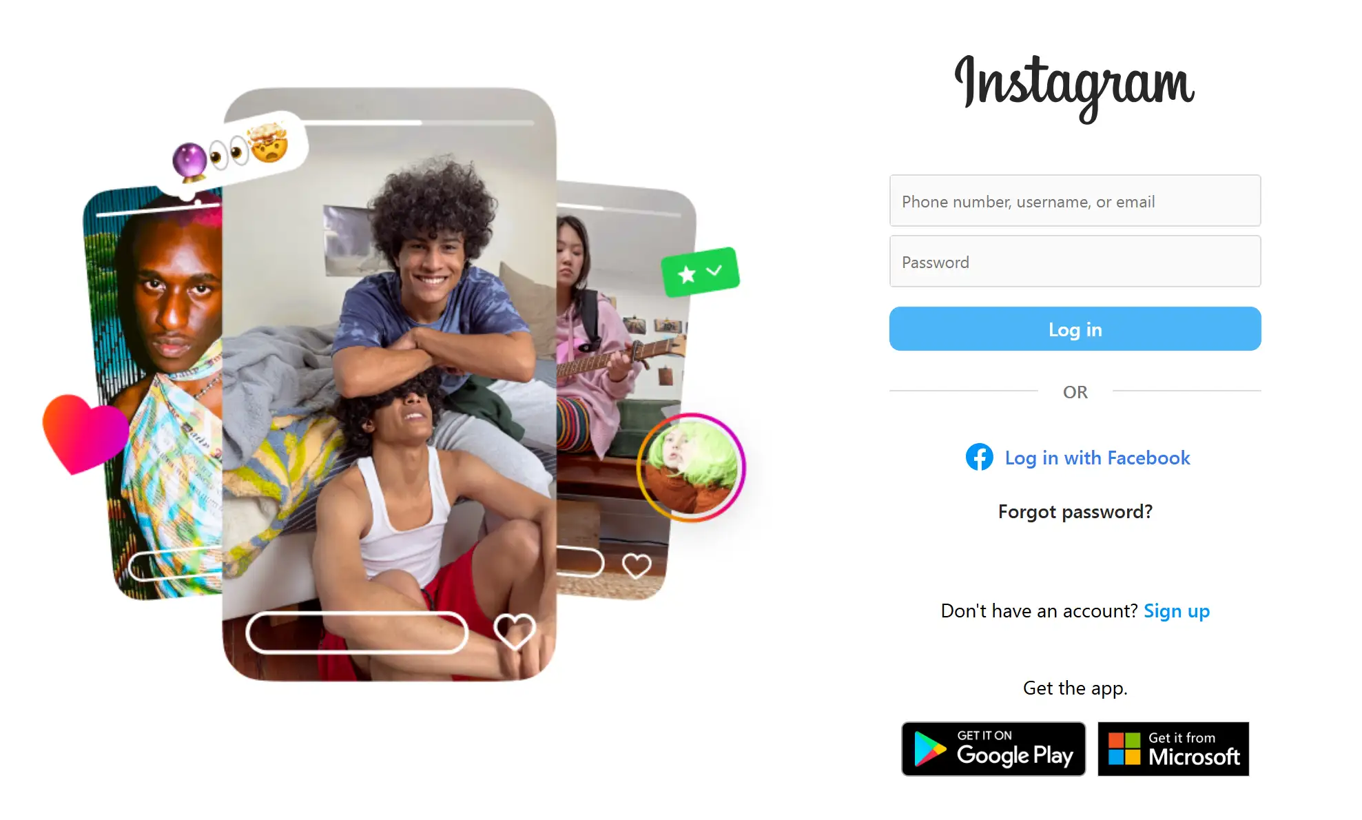 Login page of Instagram