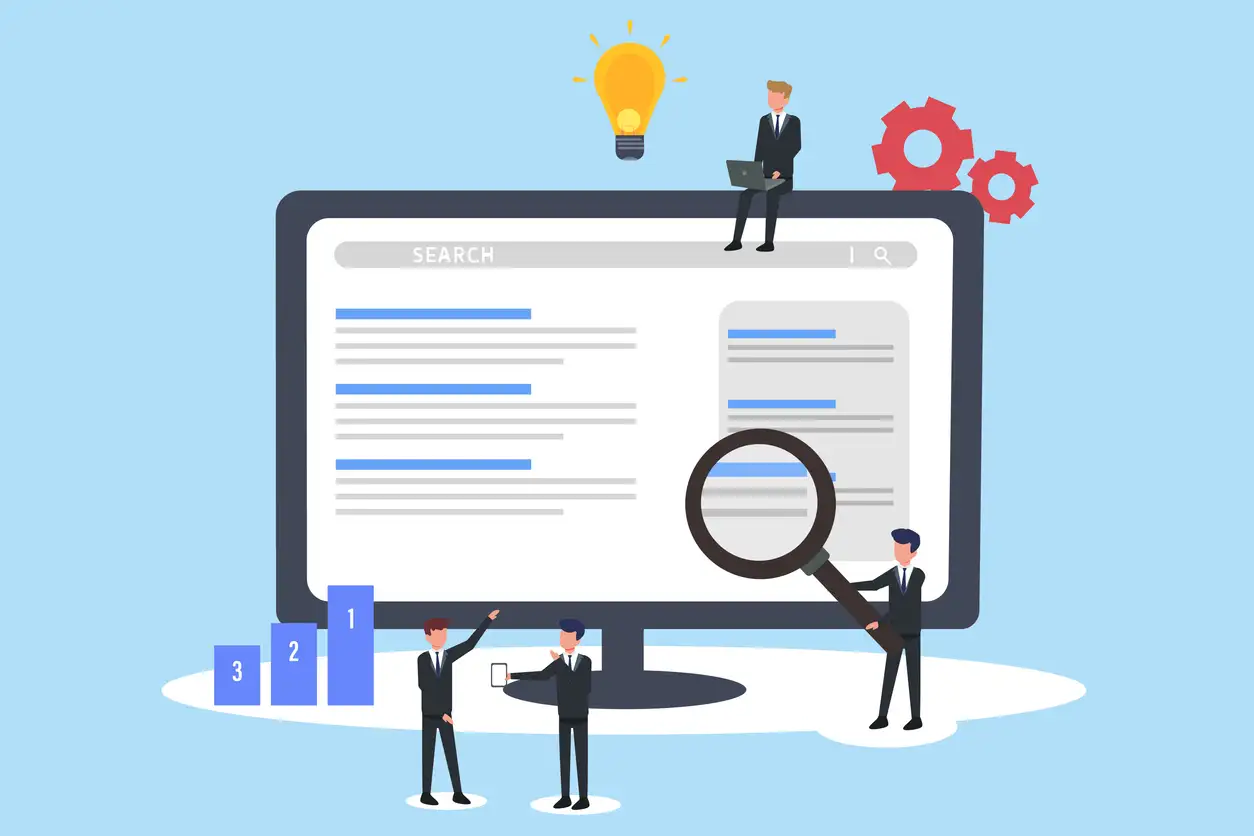 An illustration of people working on Search Engine Optimization (SEO), with a giant computer screen showing search results, a magnifying glass, and a ranking podium. An illustration of people working on Search Engine Optimization (SEO), with a giant computer screen showing search results, a magnifying glass, and a ranking podium.