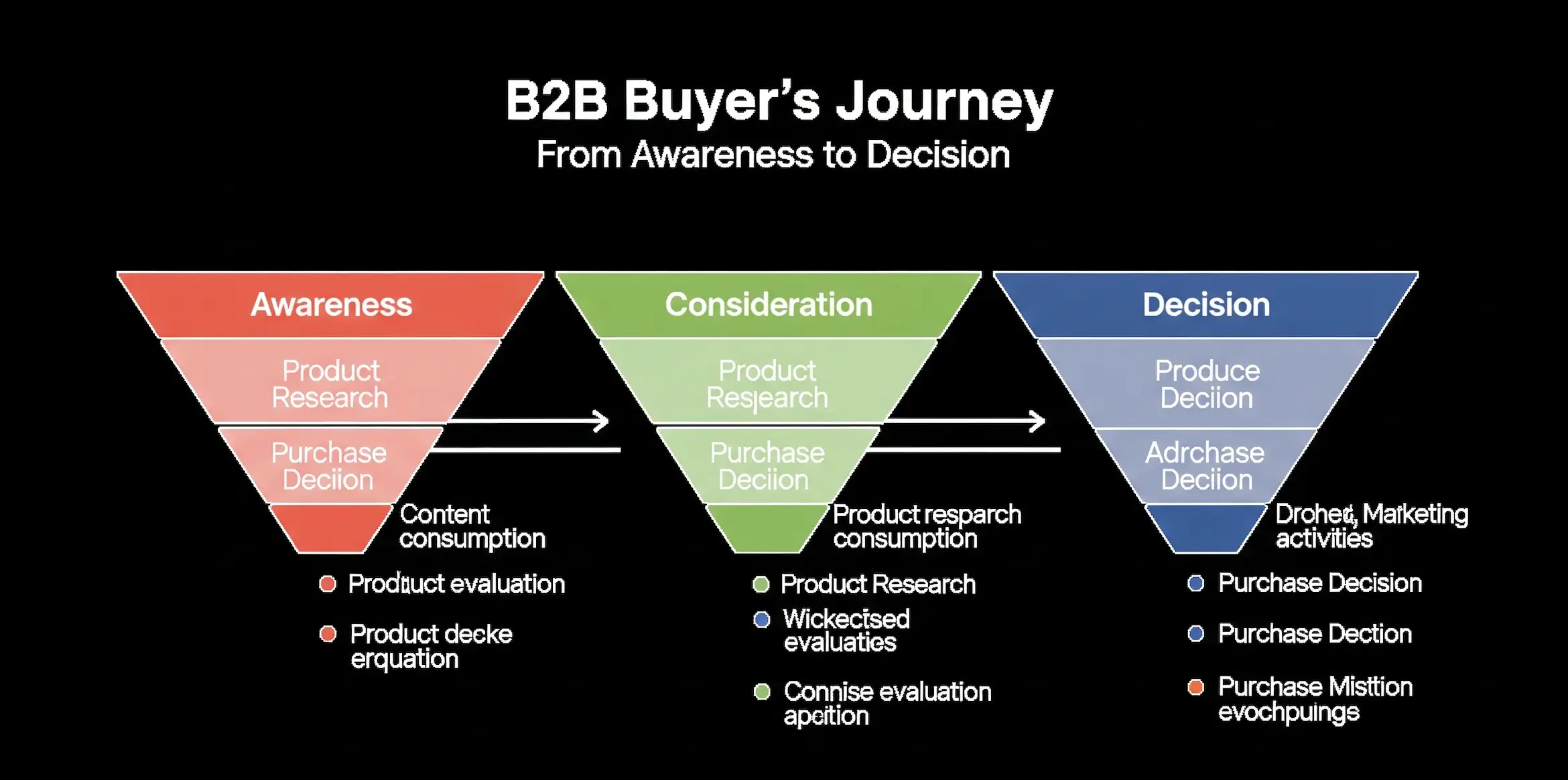 A diagram showing the stages of the b2b buyer journey: Awareness, Consideration, and Decision, with corresponding content types for each stage. A diagram showing the stages of the b2b buyer journey: Awareness, Consideration, and Decision, with corresponding content types for each stage.