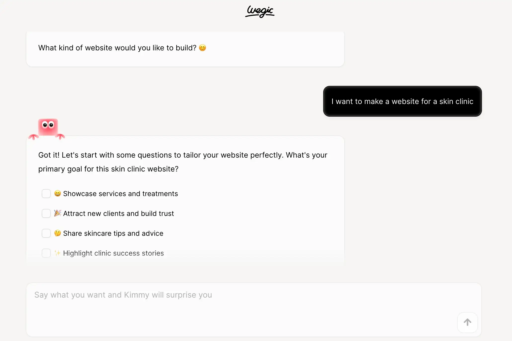 Tap “I want to make a website for a skin clinic.”