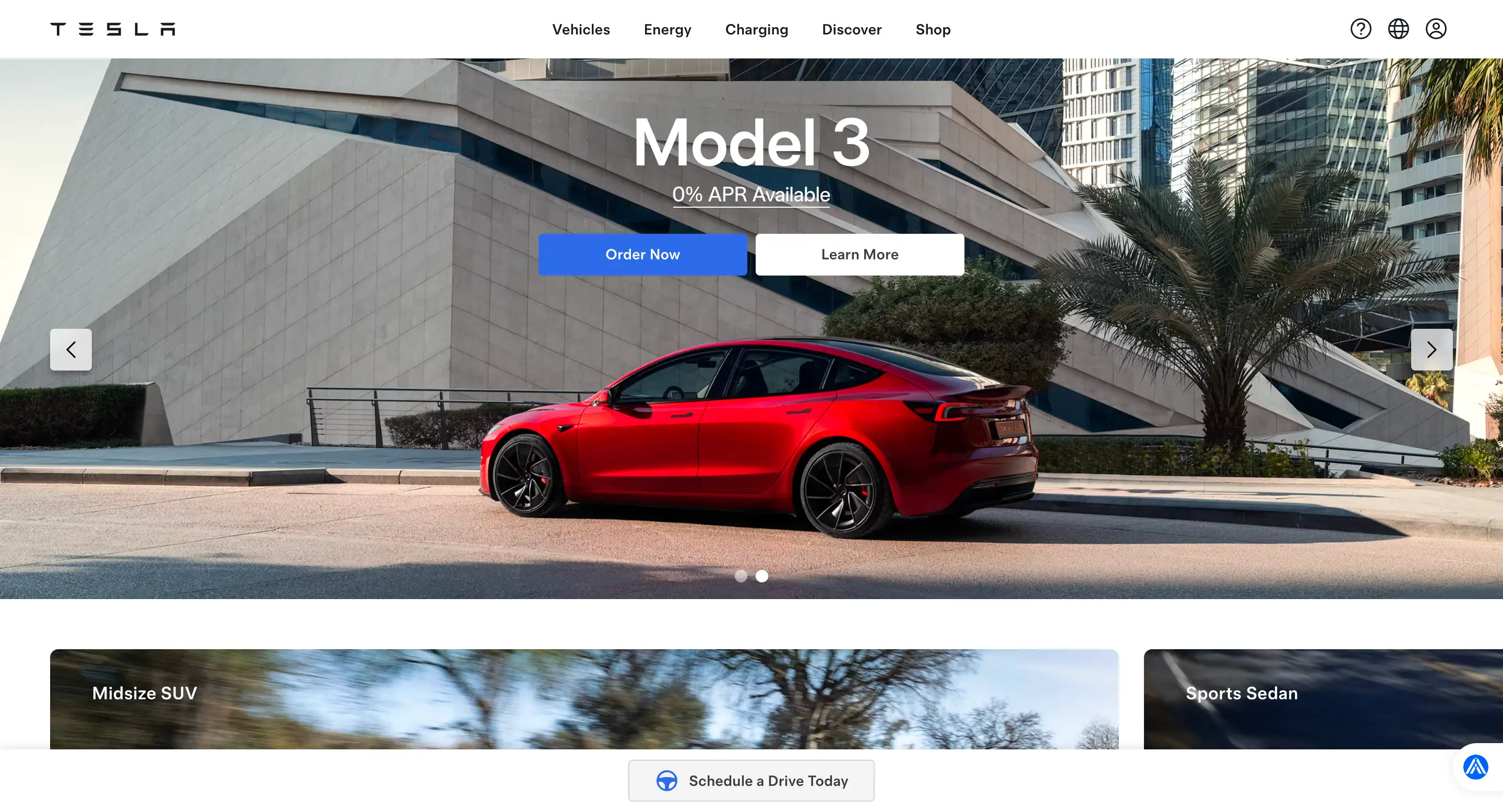 tesla page with product showcase