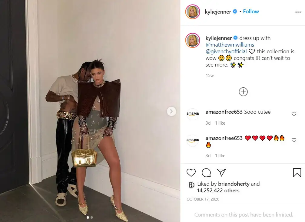 Kylie and Travis pose together on Instagram