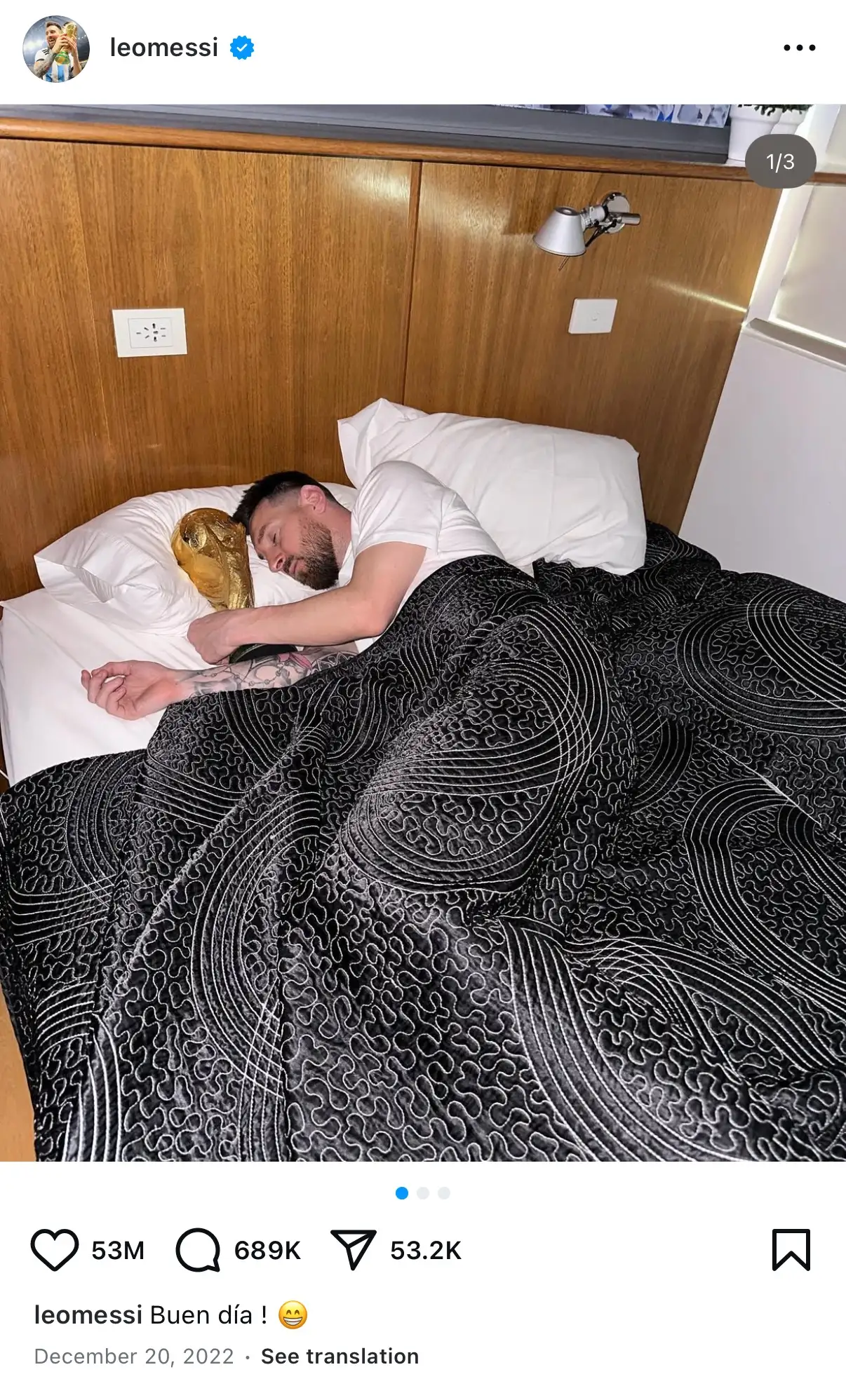 Messi sleeping with the World Cup trophy