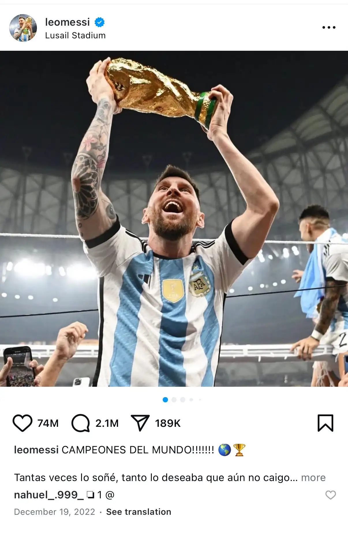 Messi celebrates Argentina winning the 2022 World Cup on Instagram