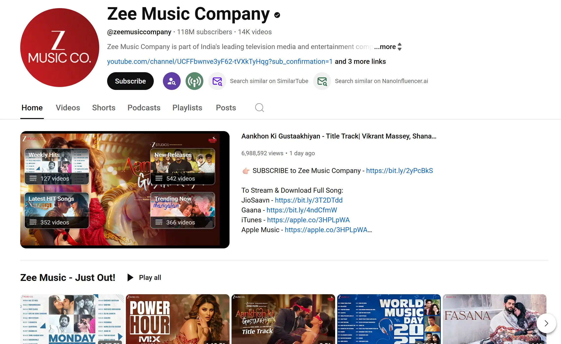 Profile of Zee Music Company YouTube channel