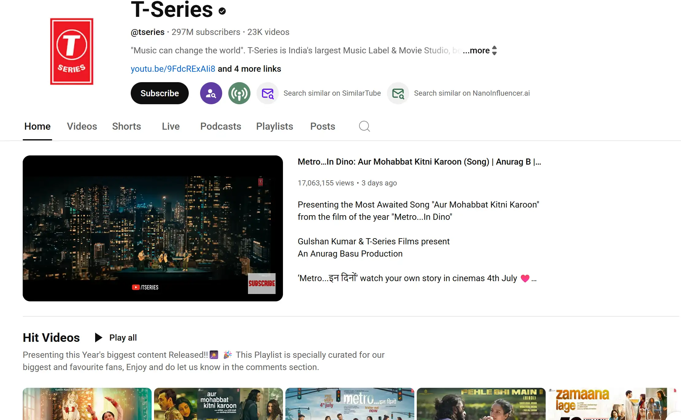 T-Series's YouTube profile