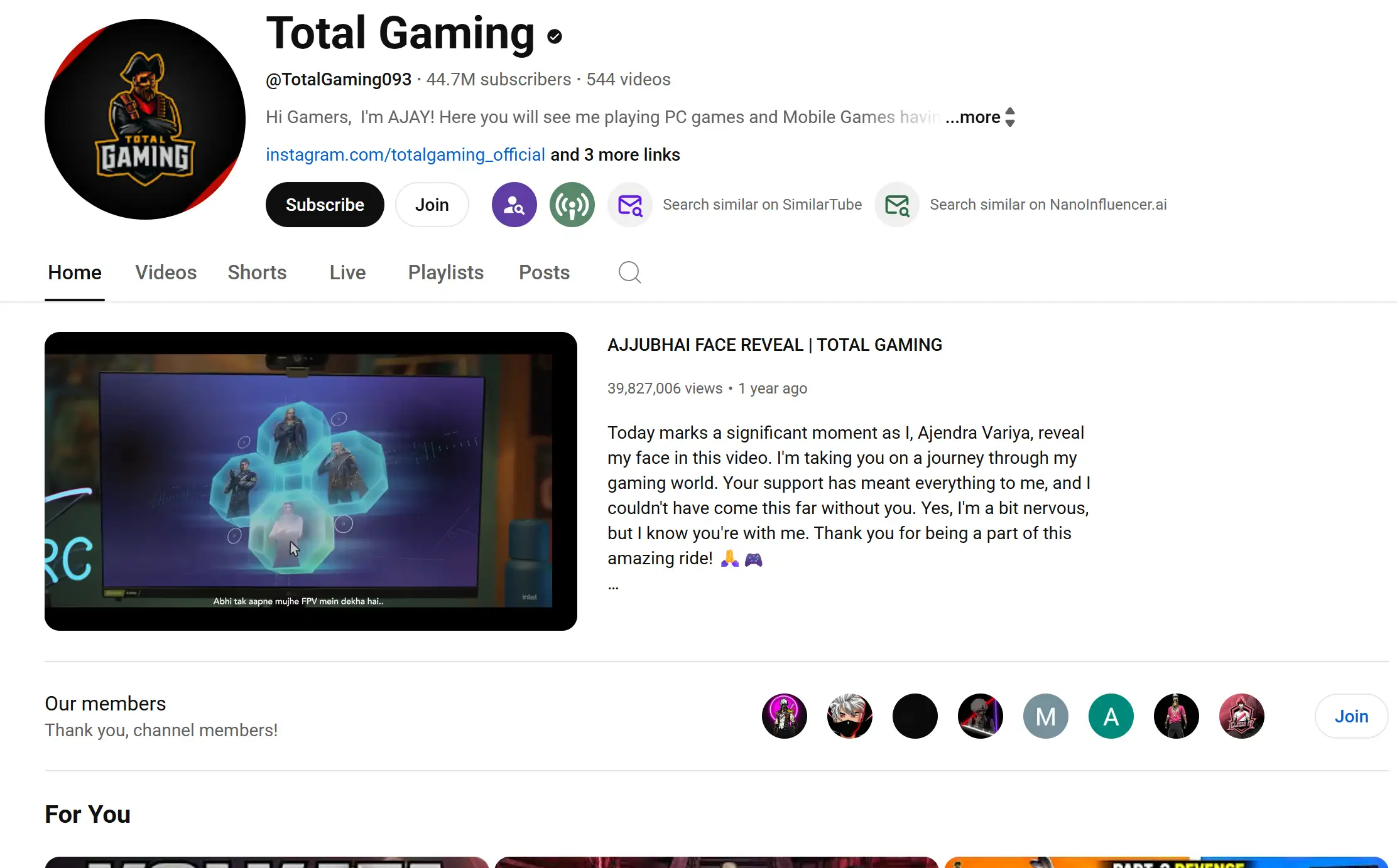 Profile of Total Gaming YouTube channel