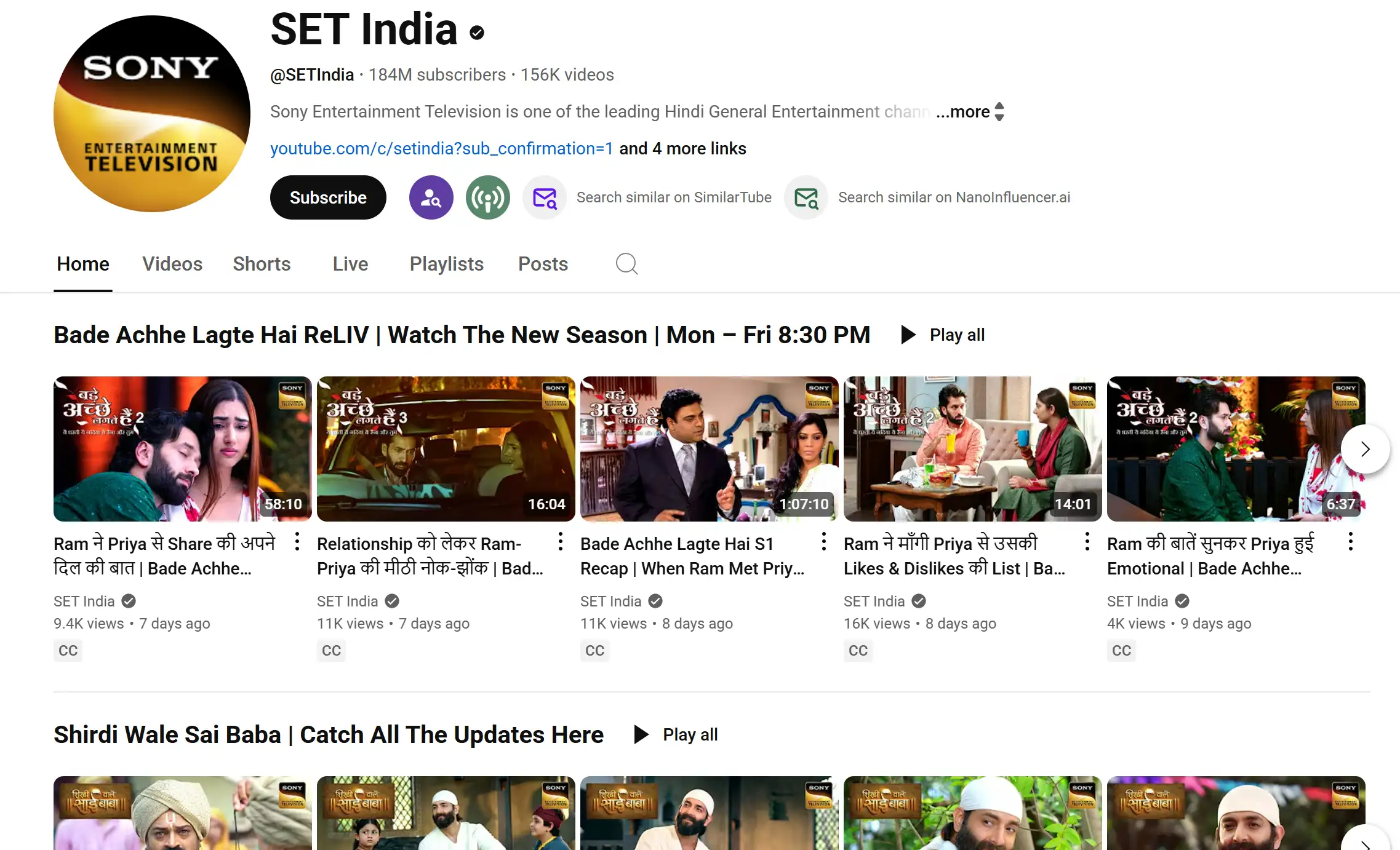 Profile of SET India YouTube channel