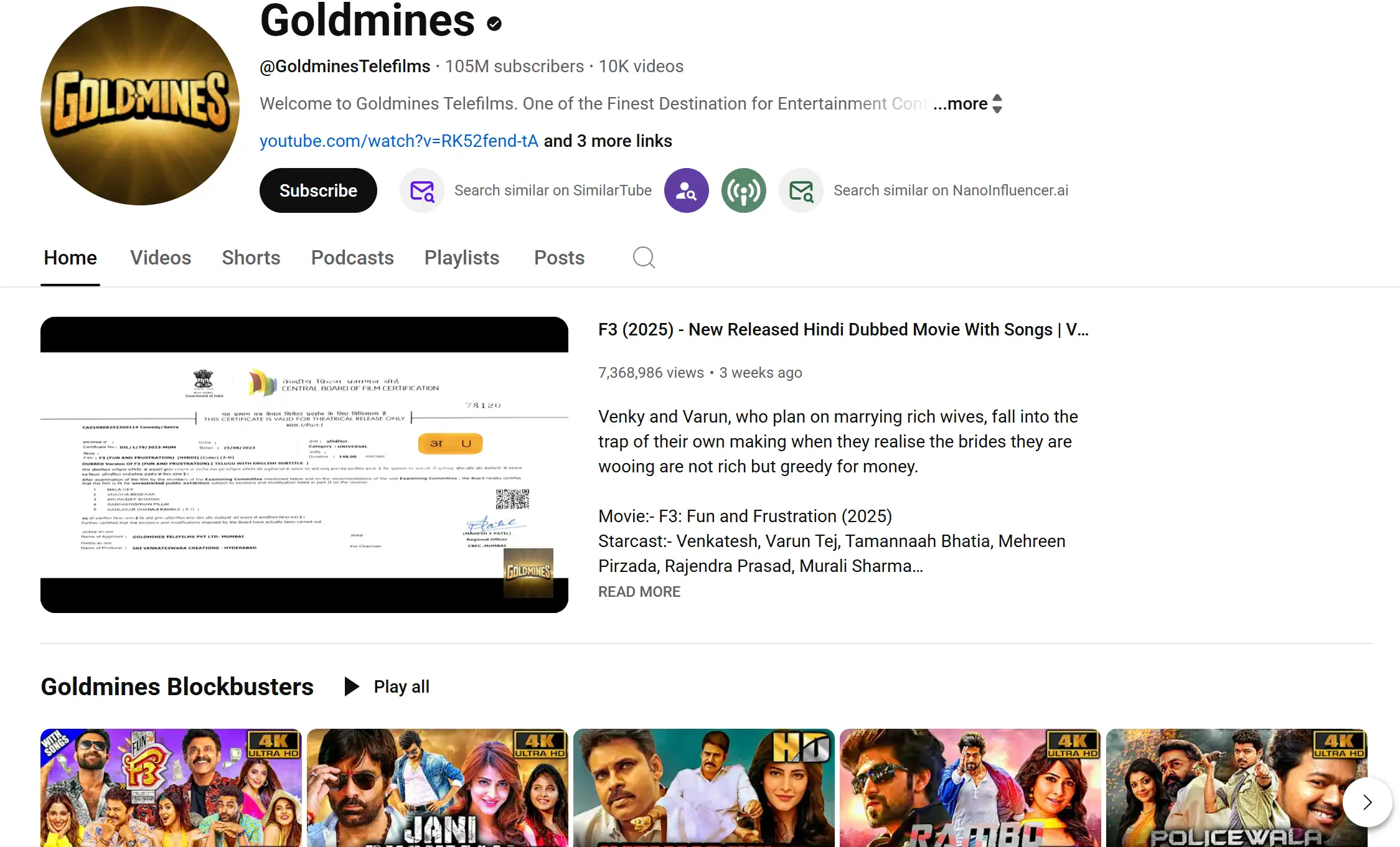 Profile of Goldmines YouTube channel