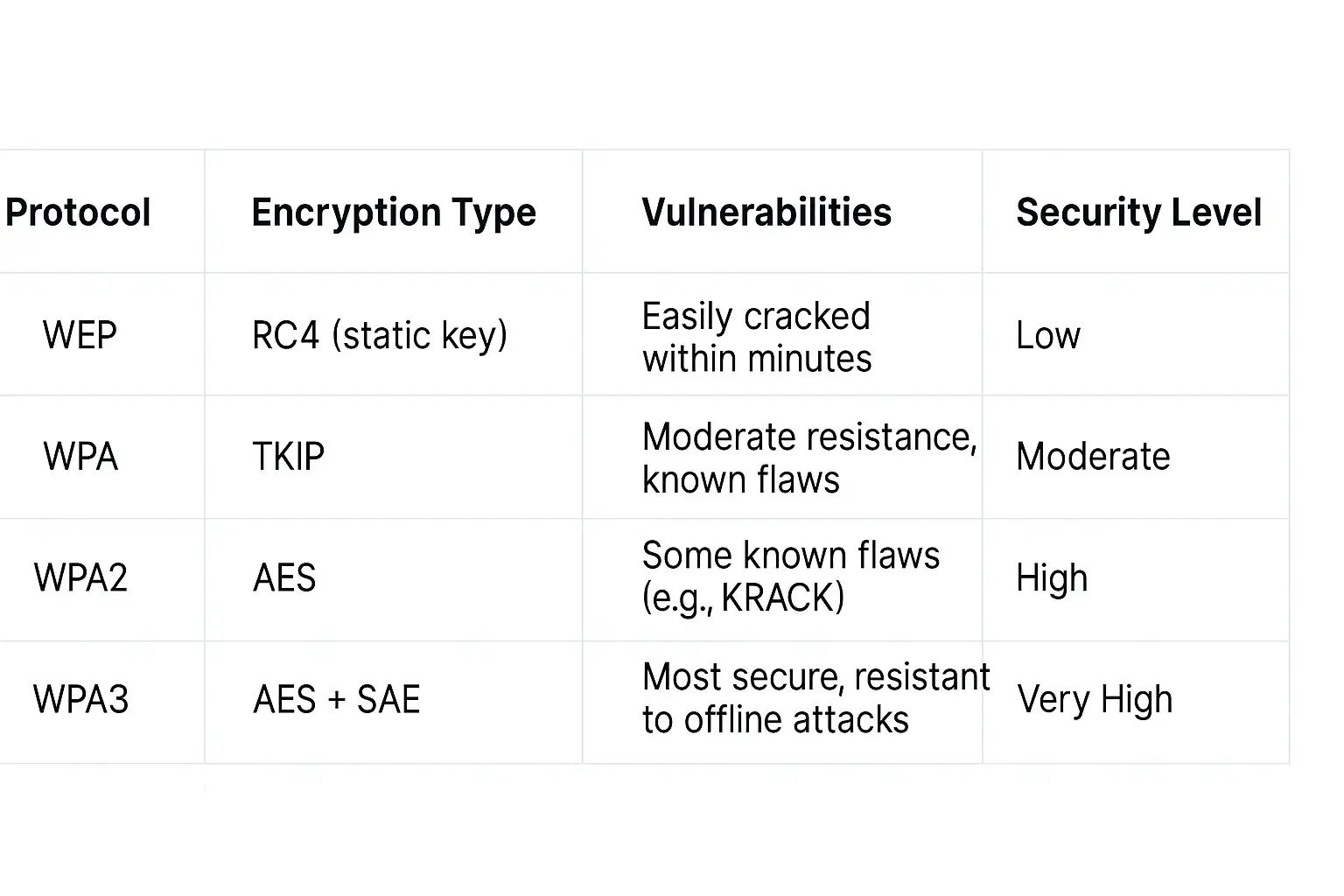 A clear comparison chart of WEP, WPA, WPA2, and WPA3 wireless security protocols, highlighting the superiority of WPA3 for a secure router. A clear comparison chart of WEP, WPA, WPA2, and WPA3 wireless security protocols, highlighting the superiority of WPA3 for a secure router.