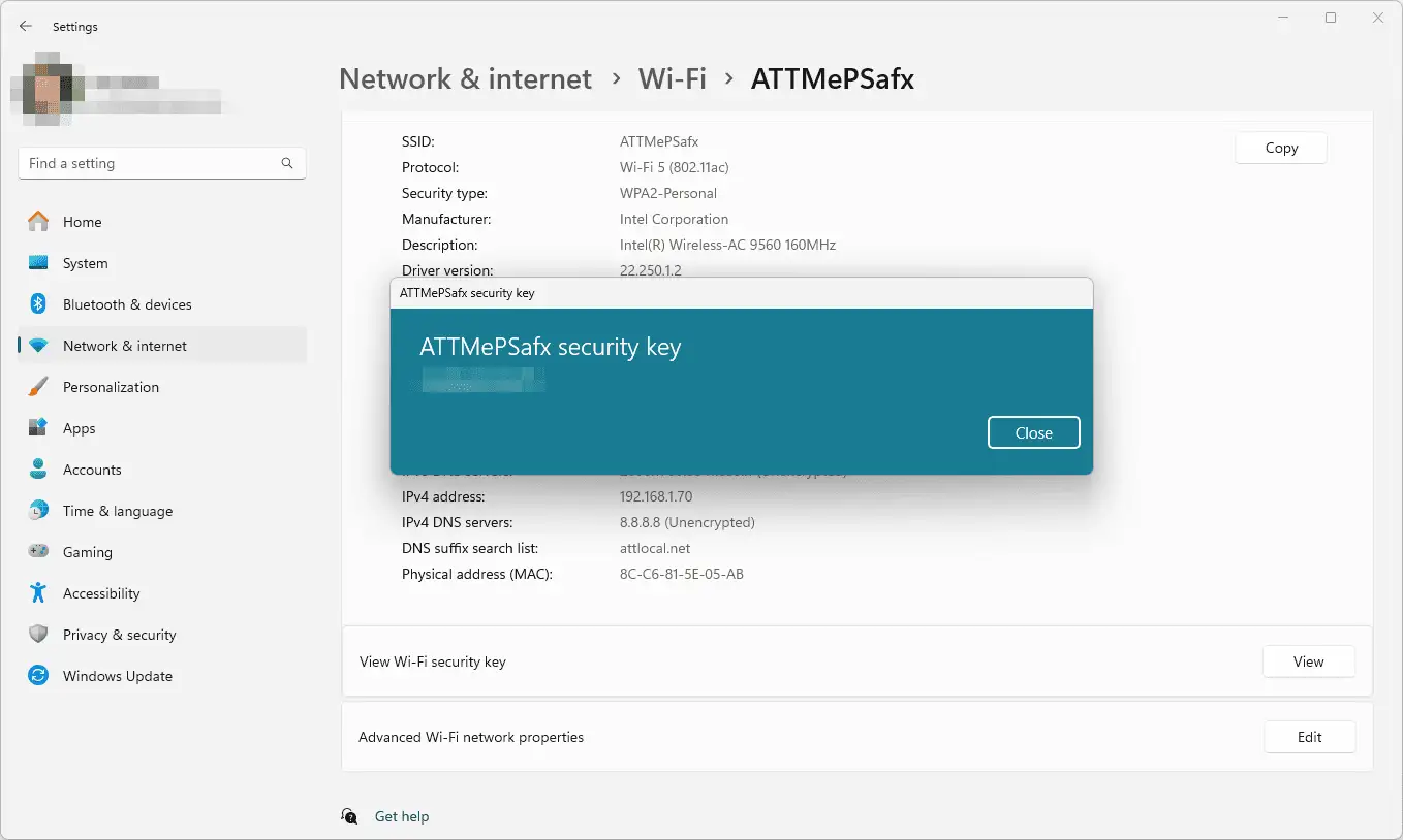 Screenshot of Wi-Fi network settings on Windows revealing the security key, illustrating how to find Wi-Fi password information. Screenshot of Wi-Fi network settings on Windows revealing the security key, illustrating how to find Wi-Fi password information.