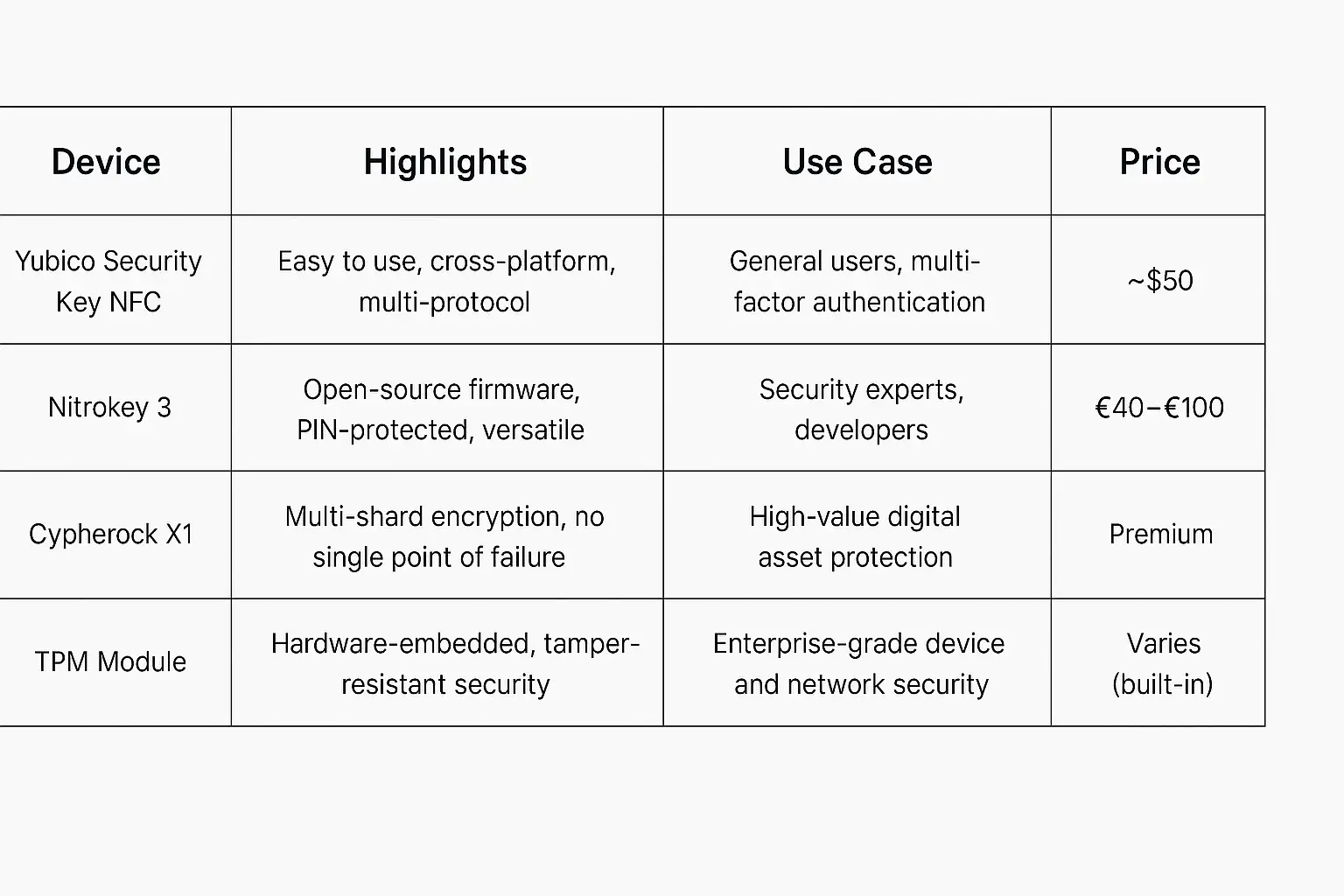 Visual comparison of four hardware devices for securely storing network credentials, showcasing advanced options to secure your network security key. Visual comparison of four hardware devices for securely storing network credentials, showcasing advanced options to secure your network security key.