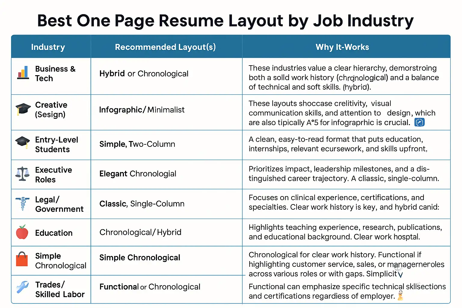 One-page resume layout by the job industry at a glance