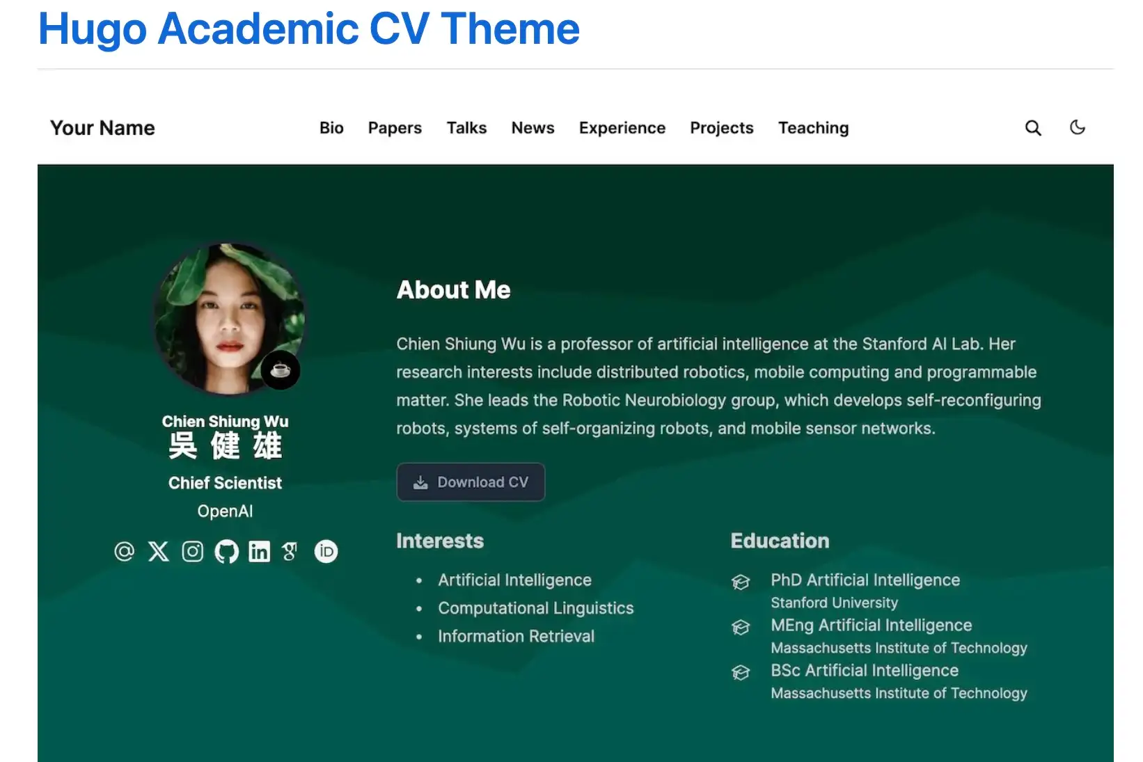 Hugo Academic CV homepage