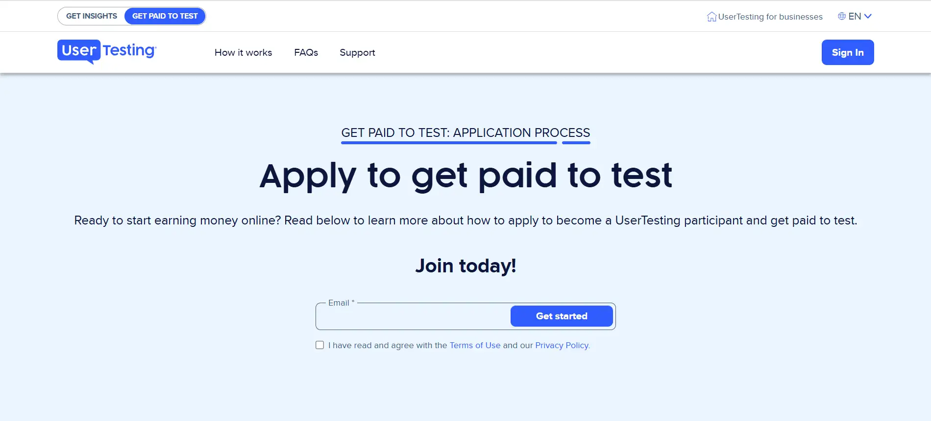 UserTesting's homepage