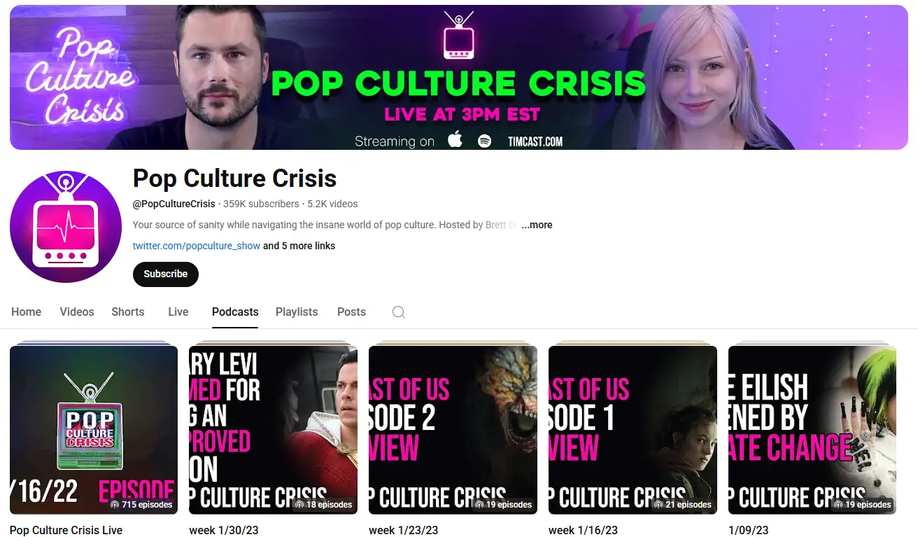 The Pop Culture Crisis podcast, hosted by Brett Dasovic and Mary Morgan on YouTube