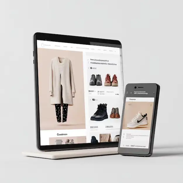 A responsive online fashion store website displayed on both a desktop and a mobile device. A responsive online fashion store website displayed on both a desktop and a mobile device.