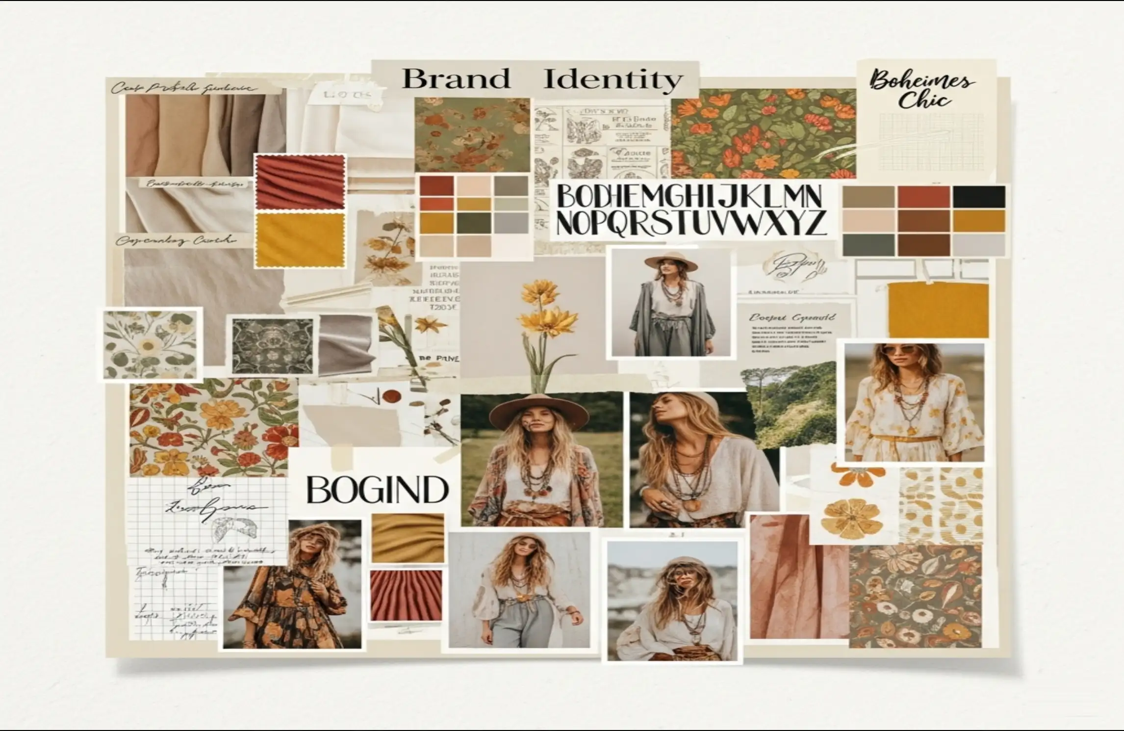 A mood board showcasing the brand identity elements for a new fashion ecommerce brand, including colors, textures, and fonts. A mood board showcasing the brand identity elements for a new fashion ecommerce brand, including colors, textures, and fonts.