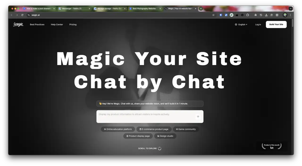 A screenshot of the Wegic website's homepage, showing its clean interface and a prompt to start building.