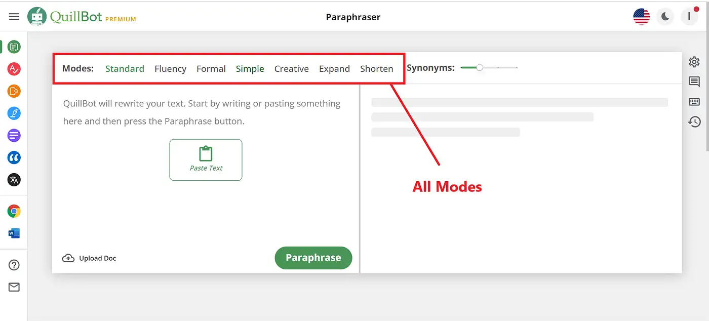 QuillBot's paraphrasing tool showing its different writing modes. QuillBot's paraphrasing tool showing its different writing modes.
