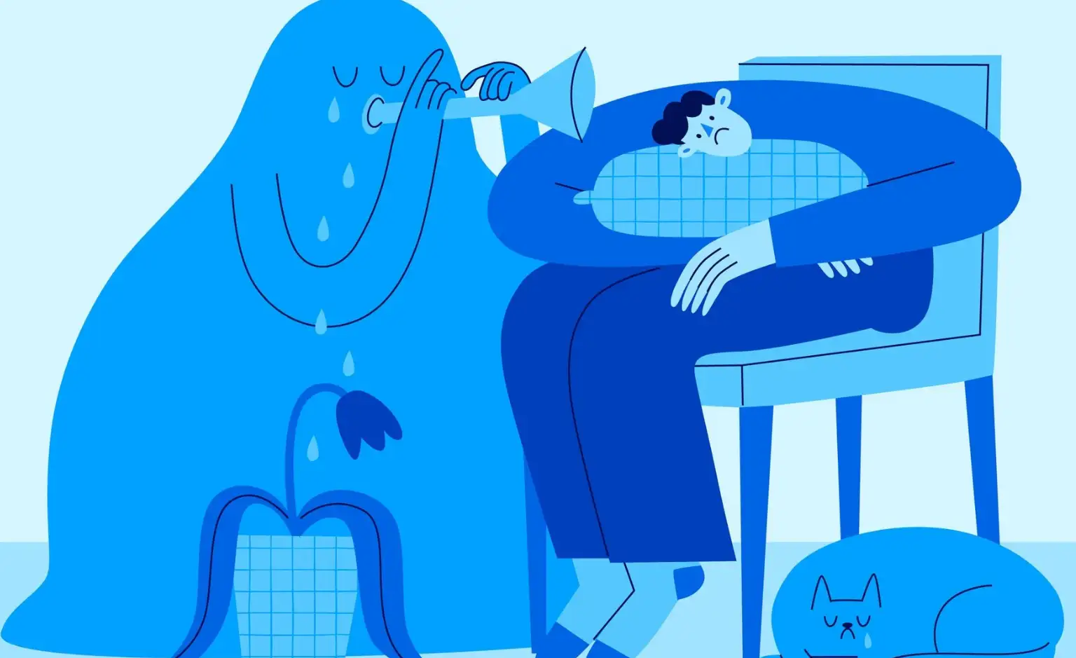 A cat and a man in a blue mood